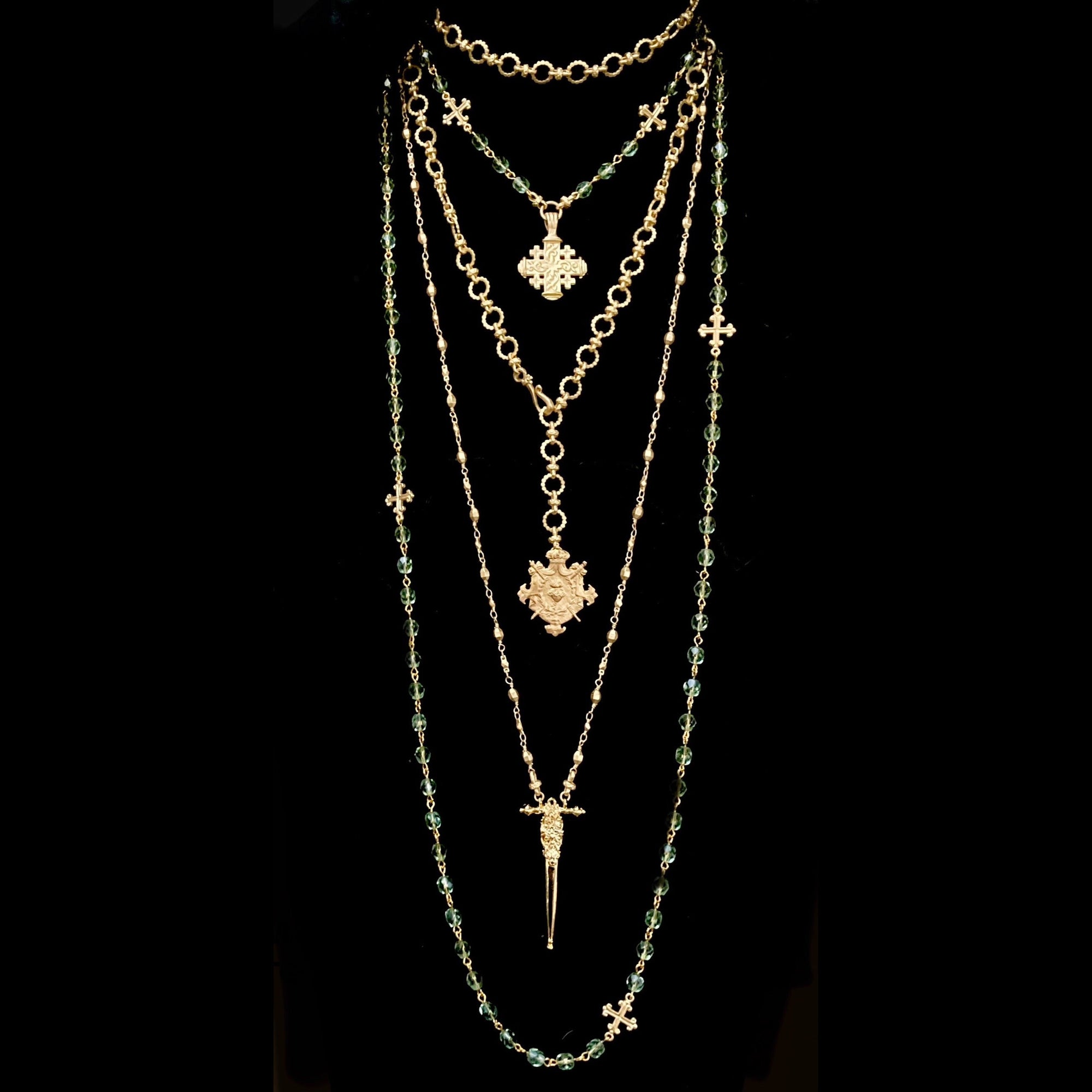 Pilgrim's Cross with Fleur de Lis  Necklace - Peridot &  Gold