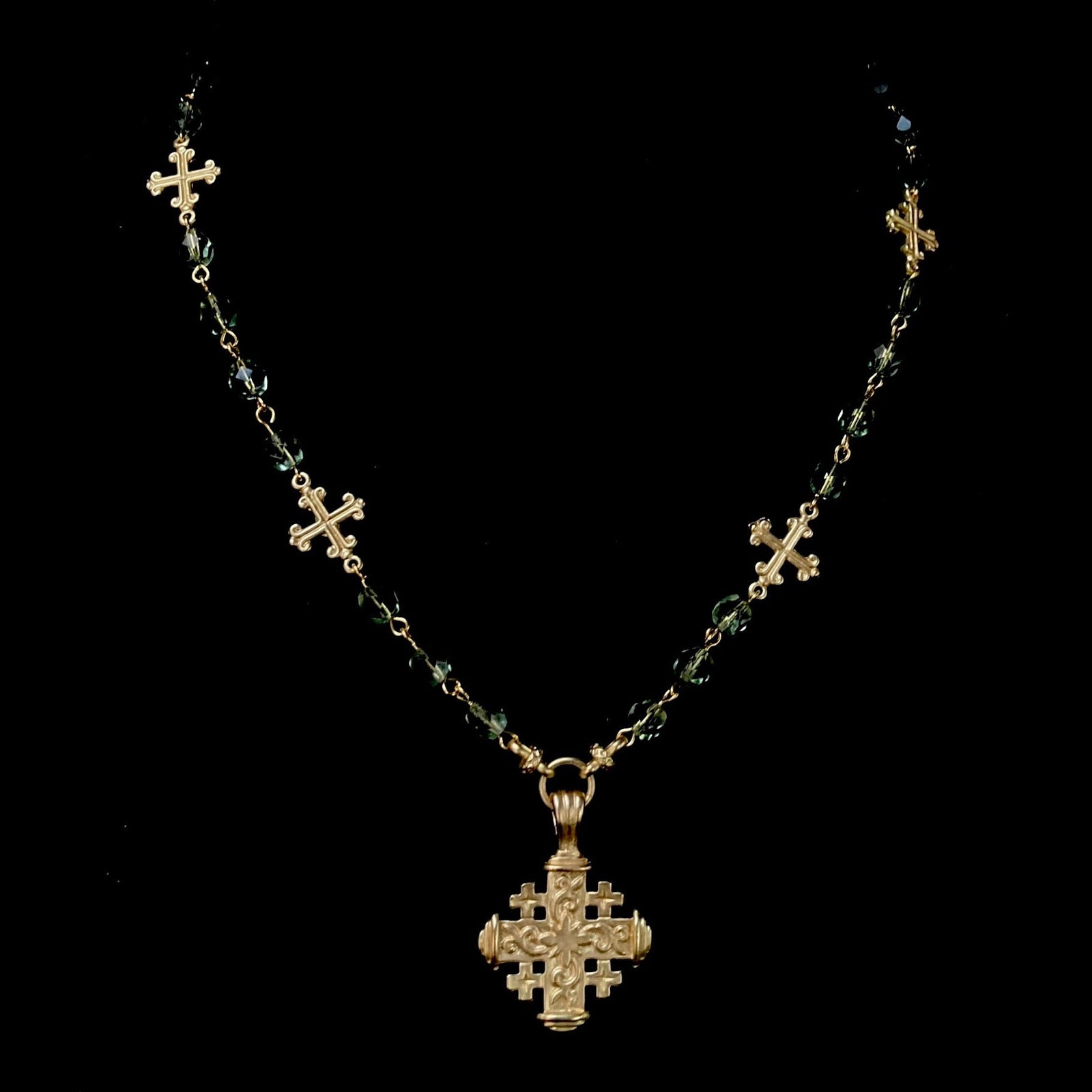 Pilgrim's Cross with Fleur de Lis  Necklace - Peridot &  Gold