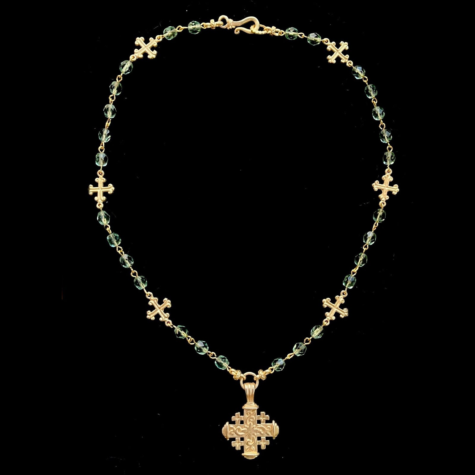 Pilgrim's Cross with Fleur de Lis  Necklace - Peridot &  Gold