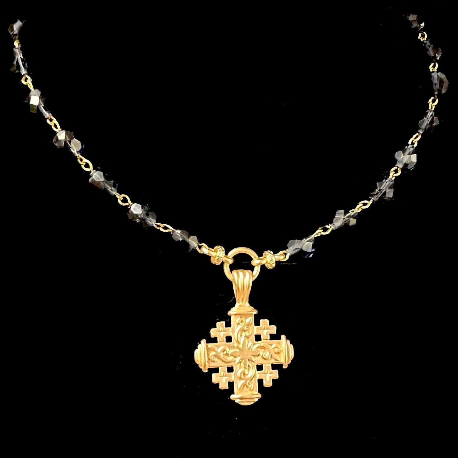 Faceted Montana Sapphire Pilgrim's Cross  Necklace - Gold
