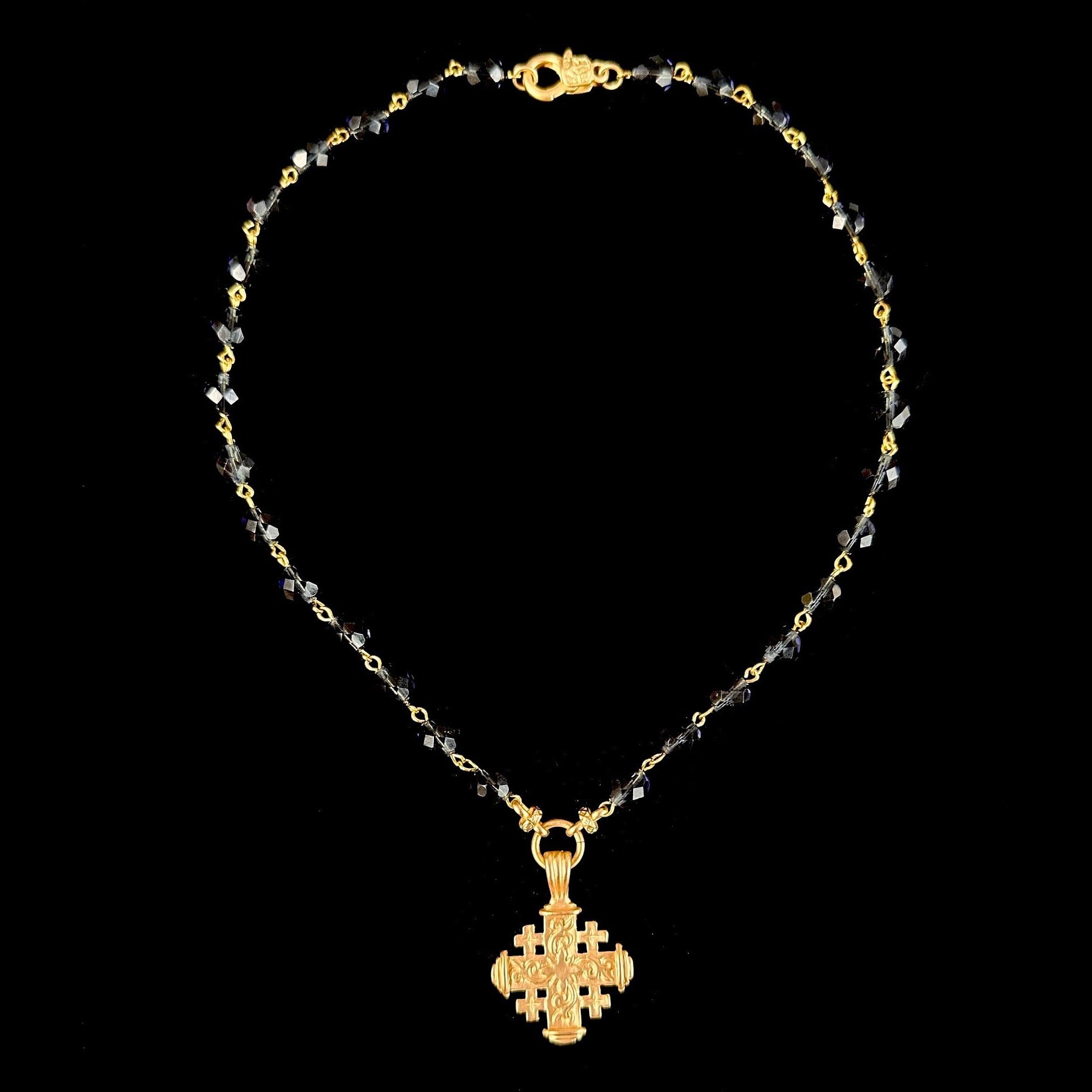 Faceted Montana Sapphire Pilgrim's Cross  Necklace - Gold