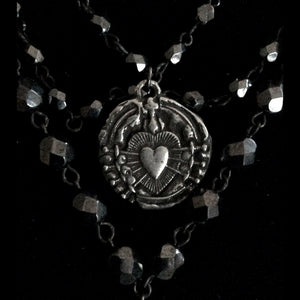 Sacred Heart Cross with Seven Sorrows Medallion on Hematite Strands Necklace by Whispering Goddess