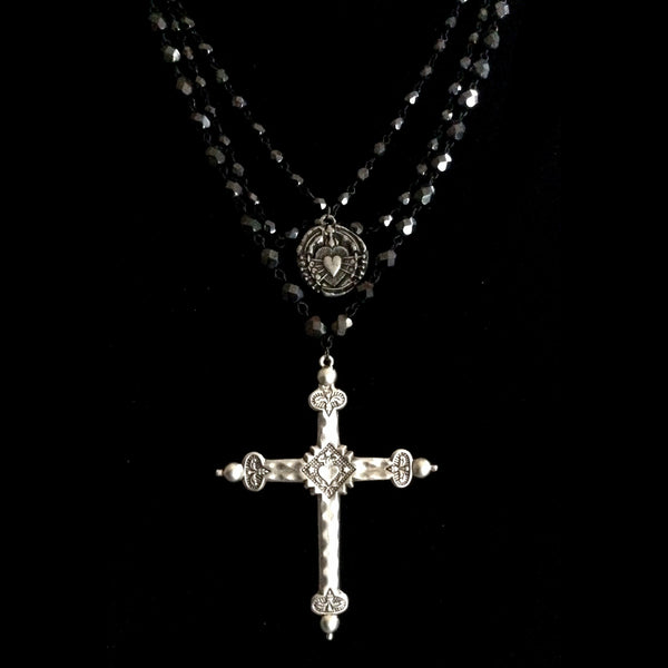 Sacred Heart Cross with Seven Sorrows Medallion on Hematite Strands Ne ...