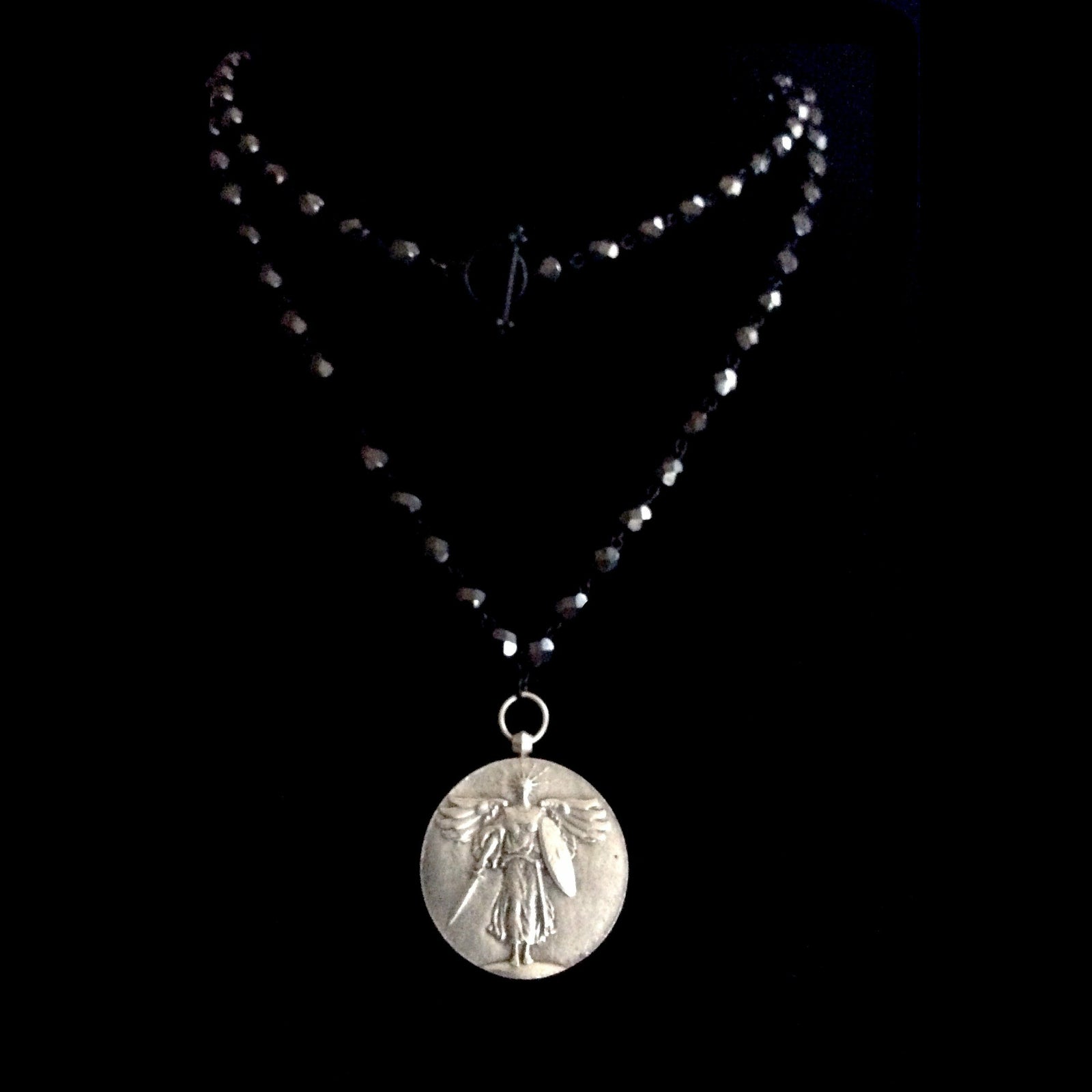 St. Michael Medallion on Hematite Crystal Necklace 34" by Whispering Goddess