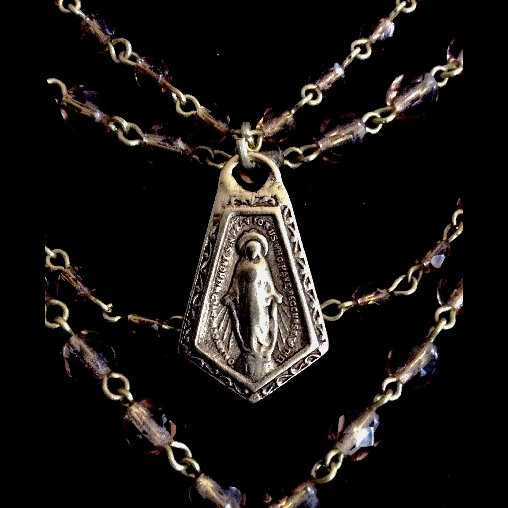 Smokey Topaz Reliquary Cross with Miraculous Medal Multi Strand Necklace by Whispering Goddess