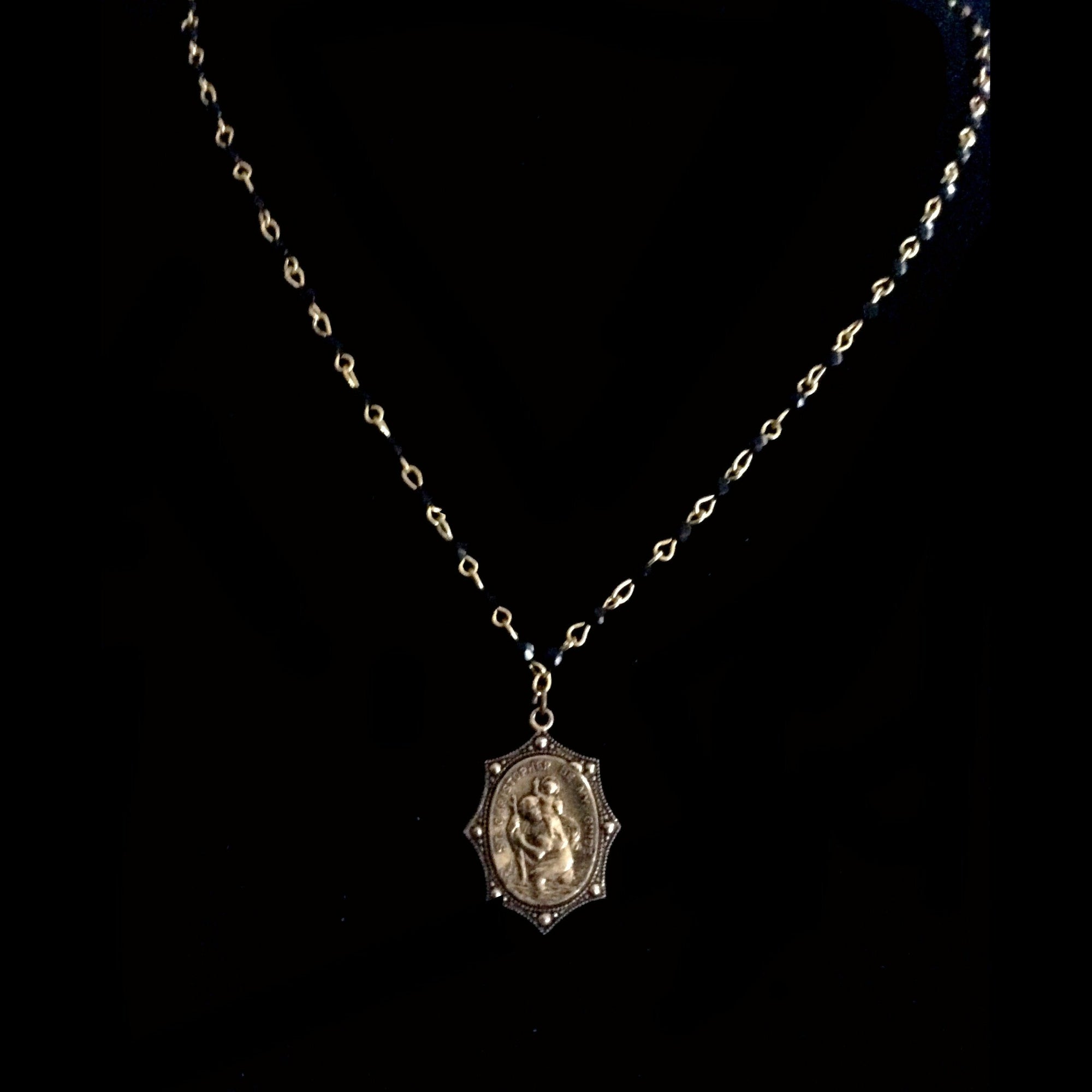 Whispering Goddess' Saint Christopher Medal in Black Jet and Gold Necklace