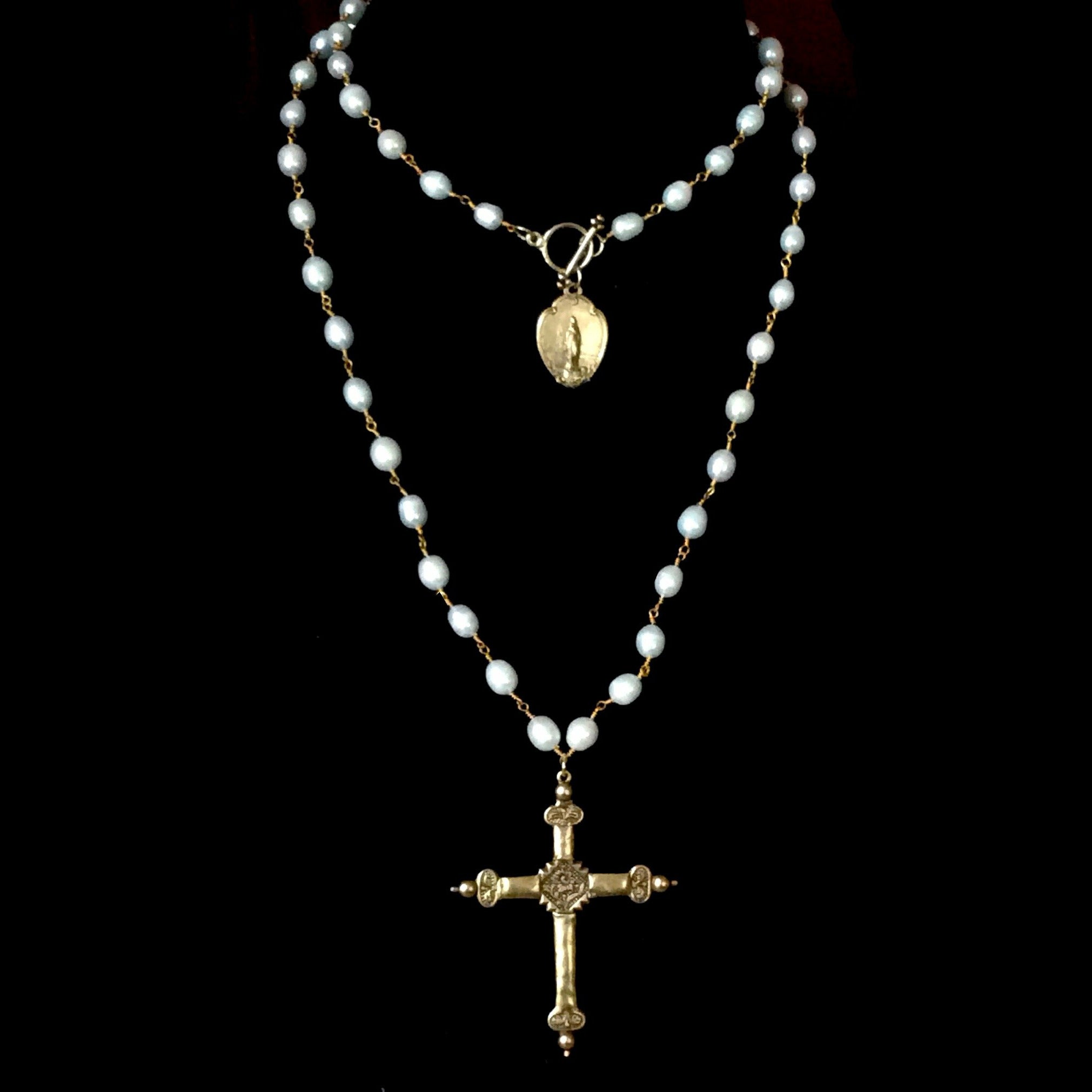 Notre Dame Sacred Heart Cross Freshwater Pearl Necklace by - Main Image