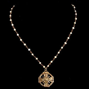 Notre Dame of Paris Sacred Heart Cross with Freshwater Pearl Necklace in Gold by Whispering Goddess