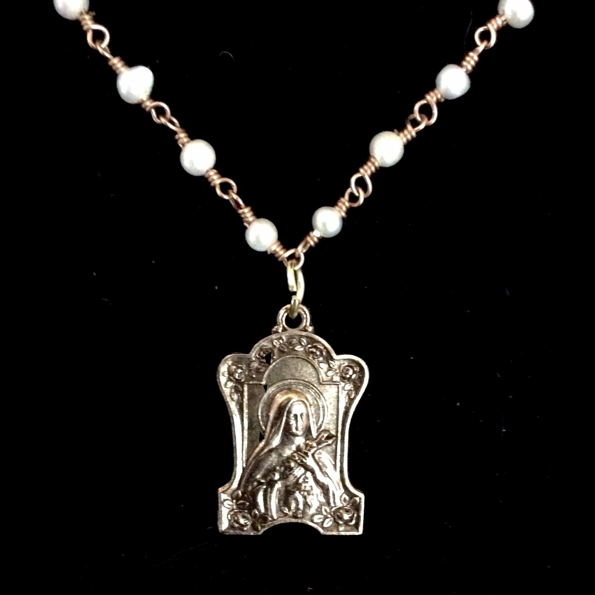 Saint Therese the Little Flower Medal in Freshwater Pearls and Gold Necklace by Whispering Goddess