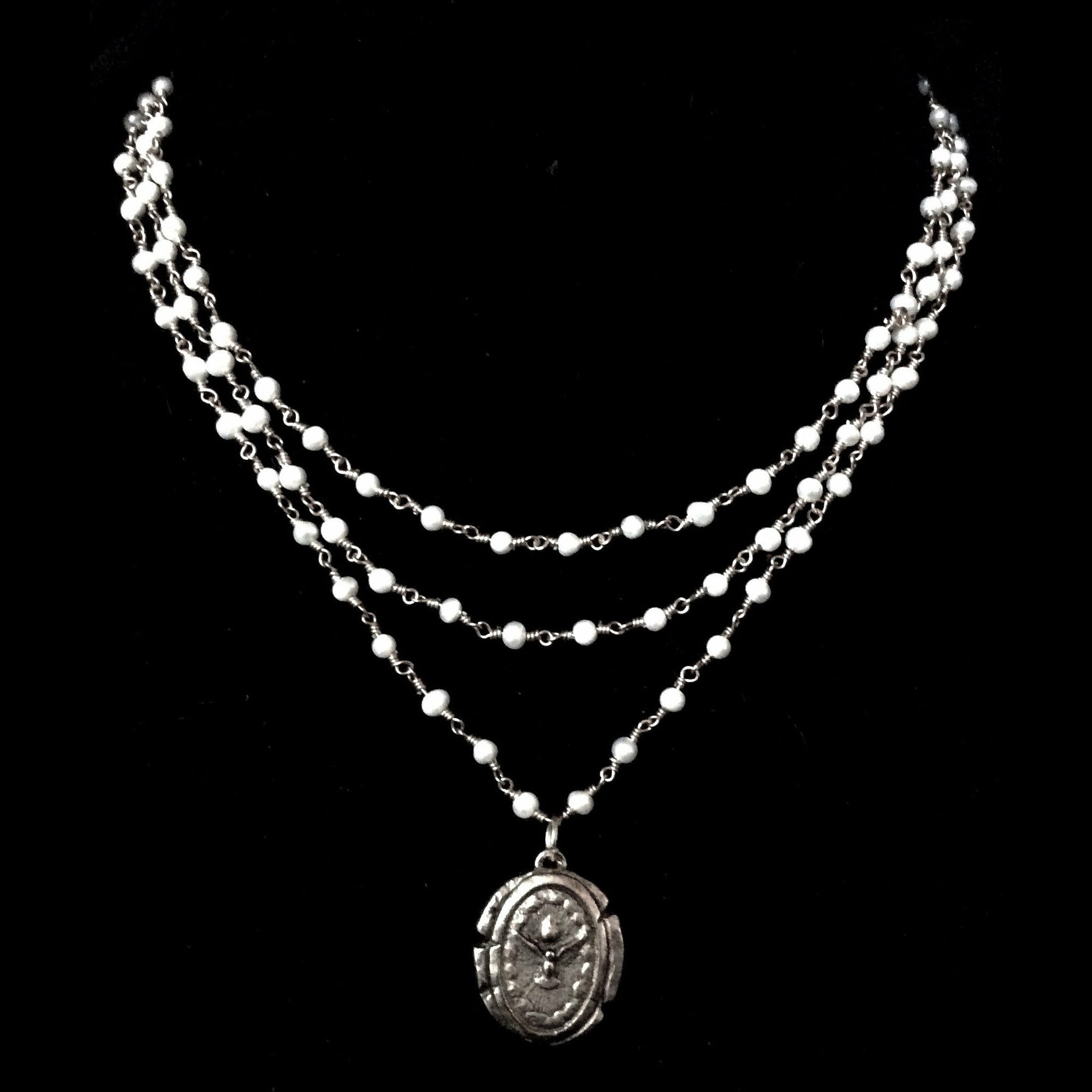 Trinity Immaculate Heart with Swords of Seven Sorrows Freshwater Pearl Necklace in Silver by Whispering Goddess