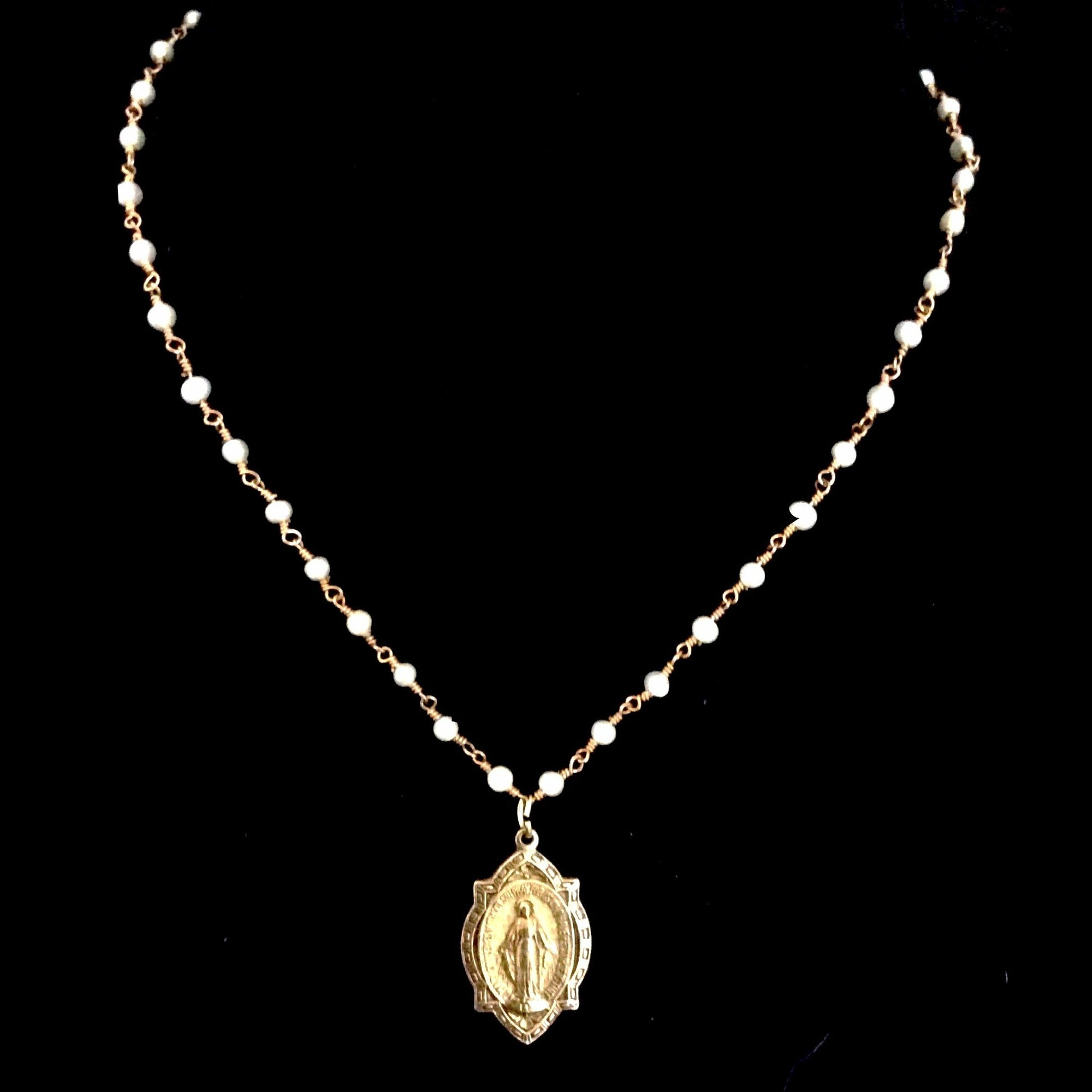 Miraculous Medal in Freshwater Pearl and Gold Necklace by Whispering Goddess
