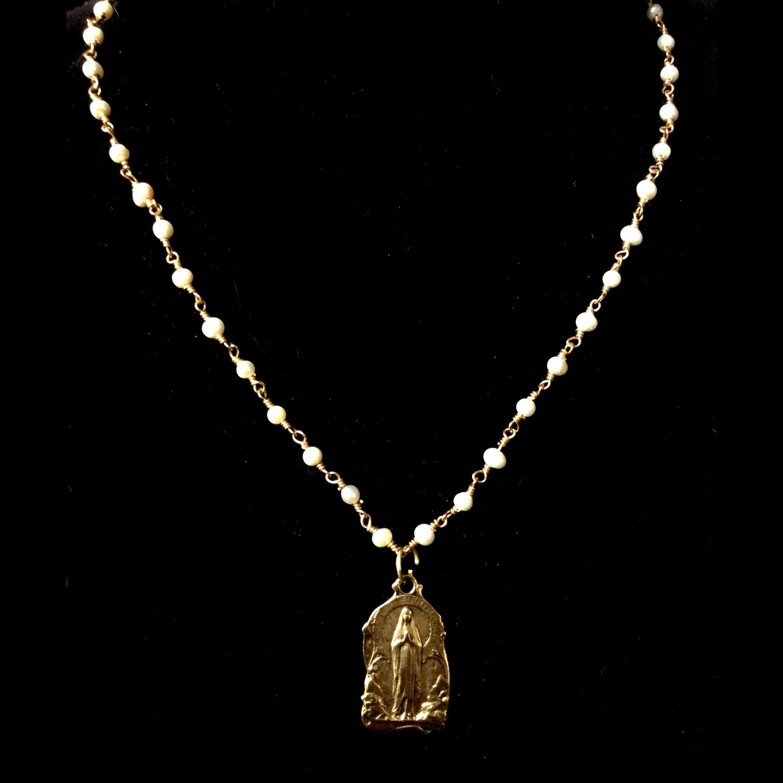 Our Lady of Lourdes Freshwater Pearl and Gold Necklace by Whispering Goddess