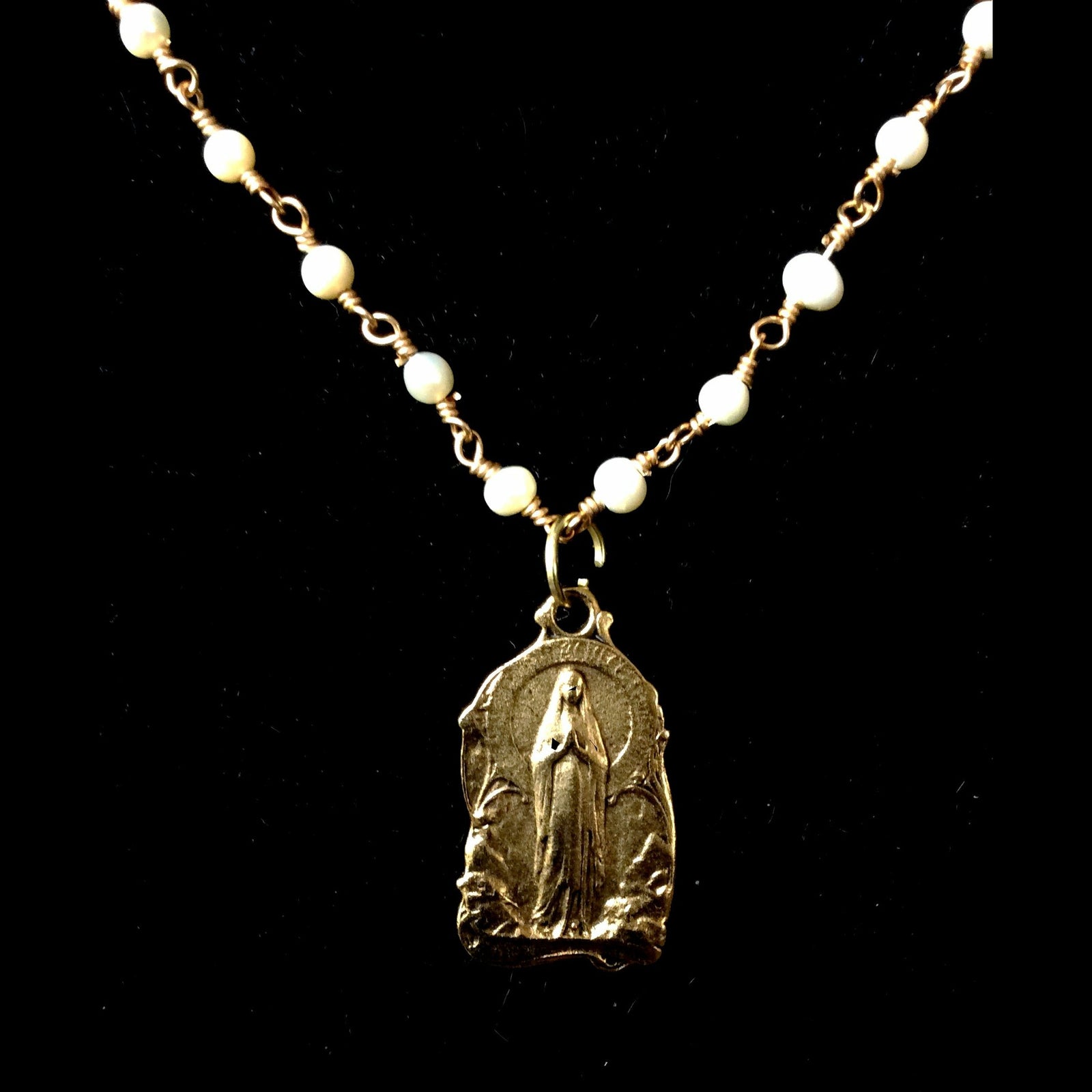 Trinity Necklace with Our Lady of Lourdes in Freshwater Pearl and Silver by Whispering Goddess