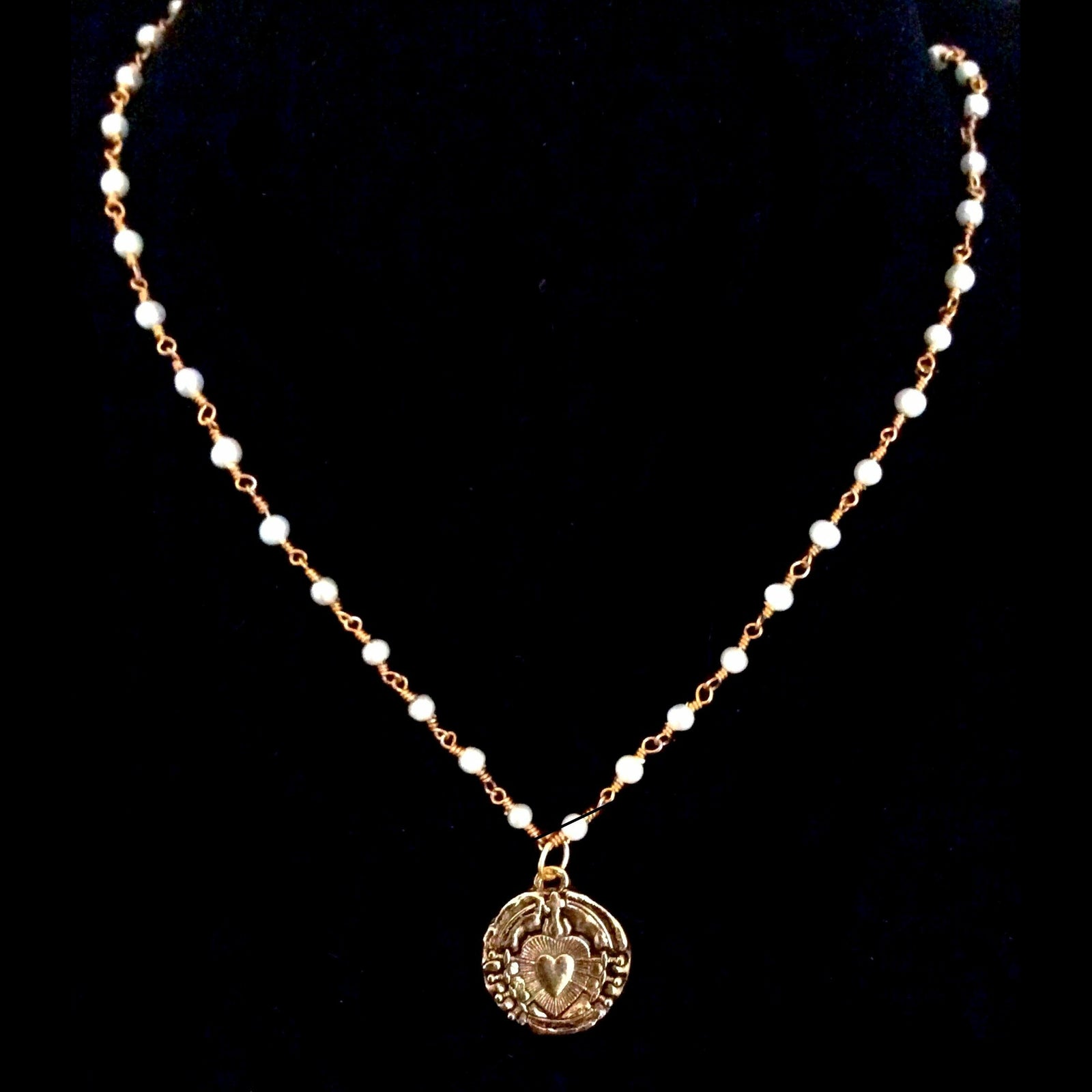 Immaculate Heart with Swords of Seven Sorrows Freshwater Pearl Necklace in Gold by Whispering Goddess