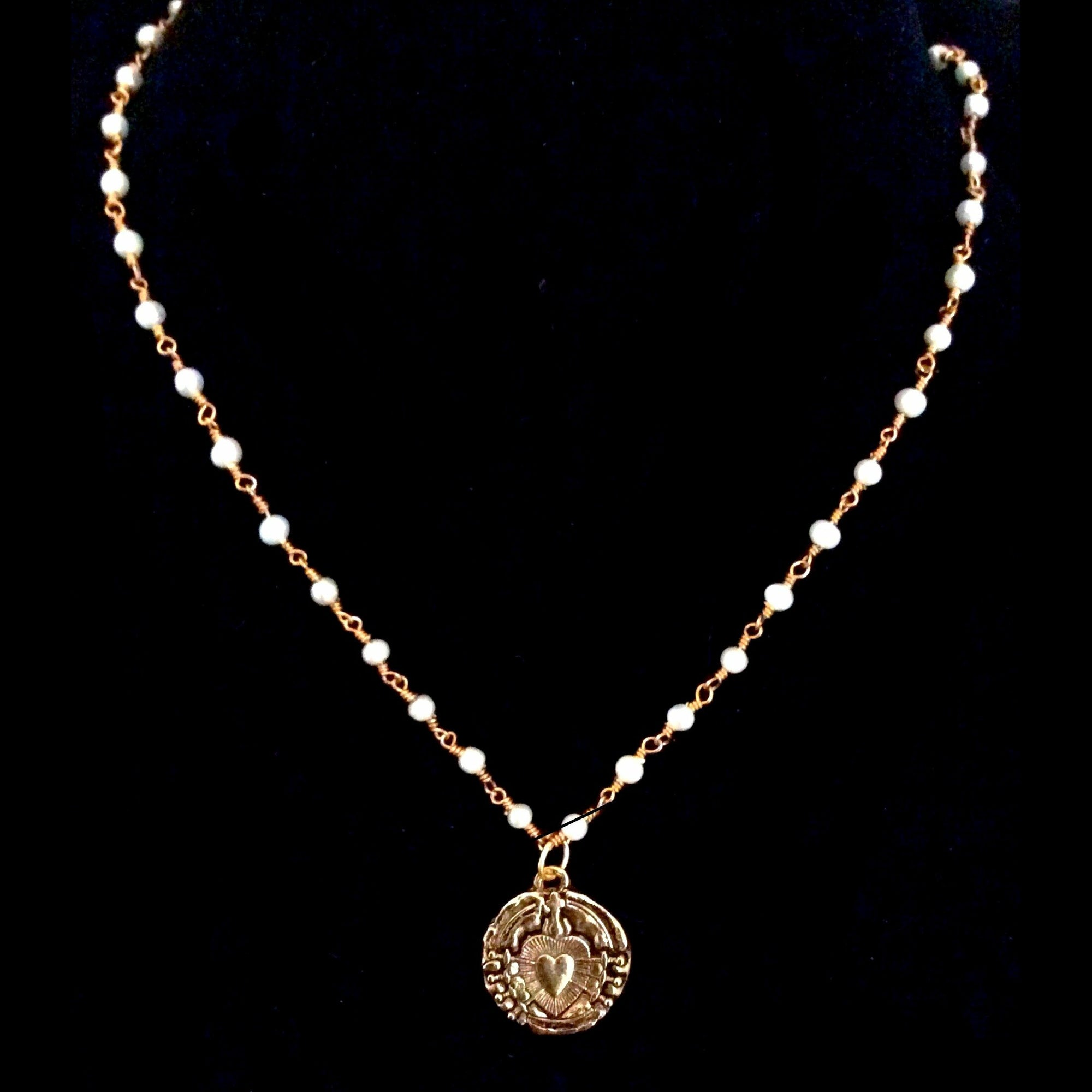 Immaculate Heart with Swords of Seven Sorrows Freshwater Pearl Necklace in Silver by Whispering Goddess