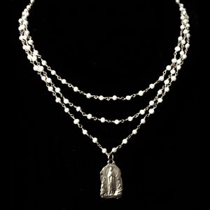 Trinity Necklace with Our Lady of Lourdes in Freshwater Pearl and Silver by Whispering Goddess