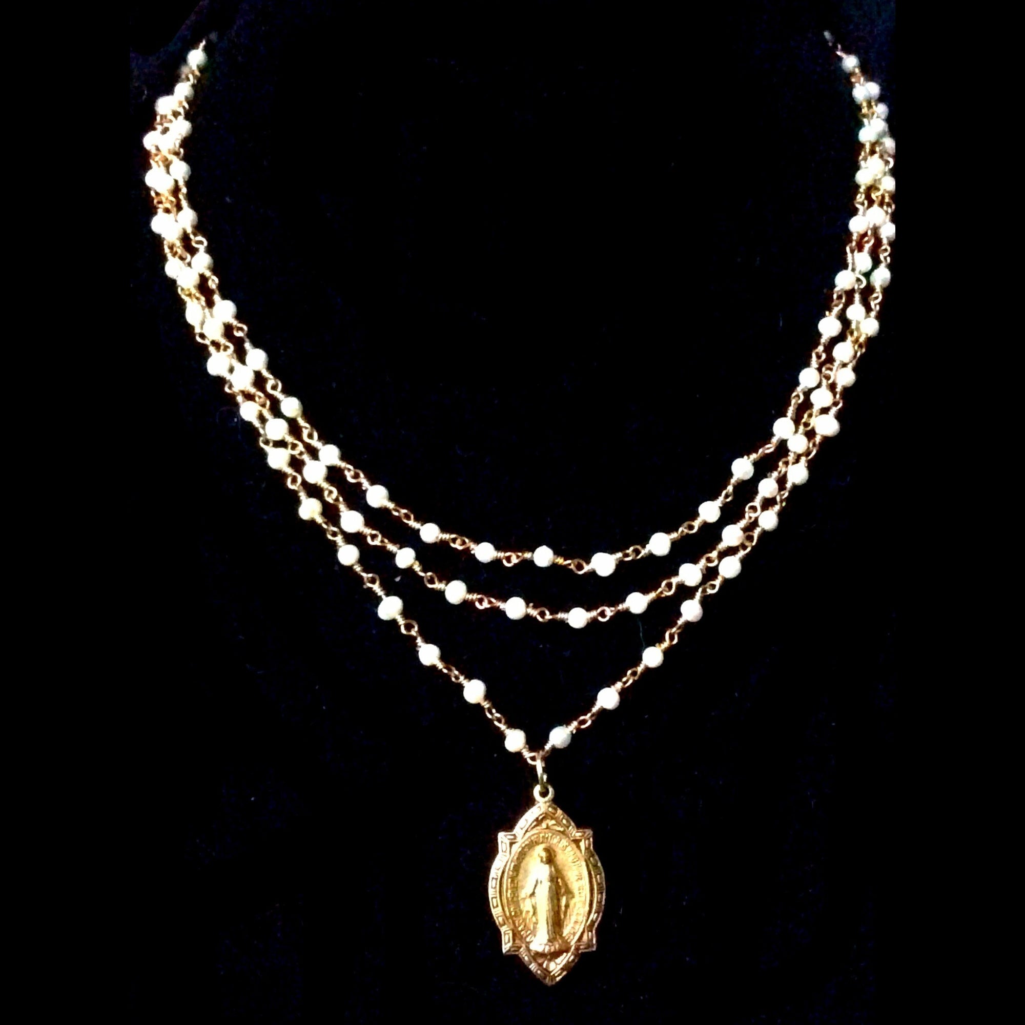 Trinity Miraculous Medal in Freshwater Pearl and Gold Necklace