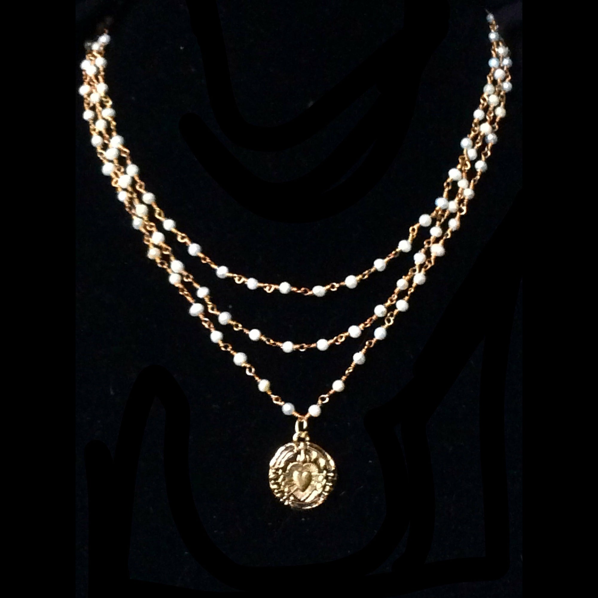 Trinity Immaculate Heart with Swords of Seven Sorrows Freshwater Pearl Necklace in Gold by Whispering Goddess