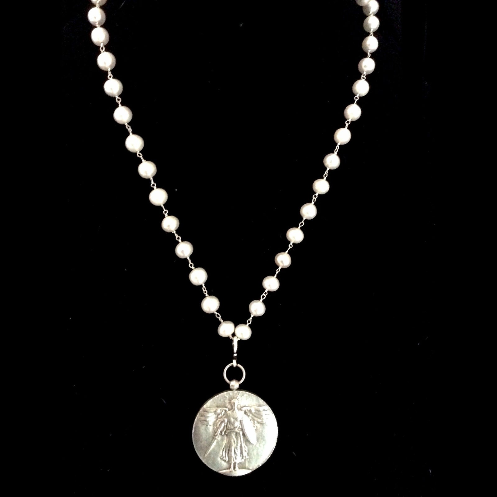 St. Michael Medallion on White Pearls with Fleur de Lis 34" by Whispering Goddess