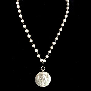 St. Michael Medallion on Freshwater Pearls with Fleur de Lis 34" by Whispering Goddess