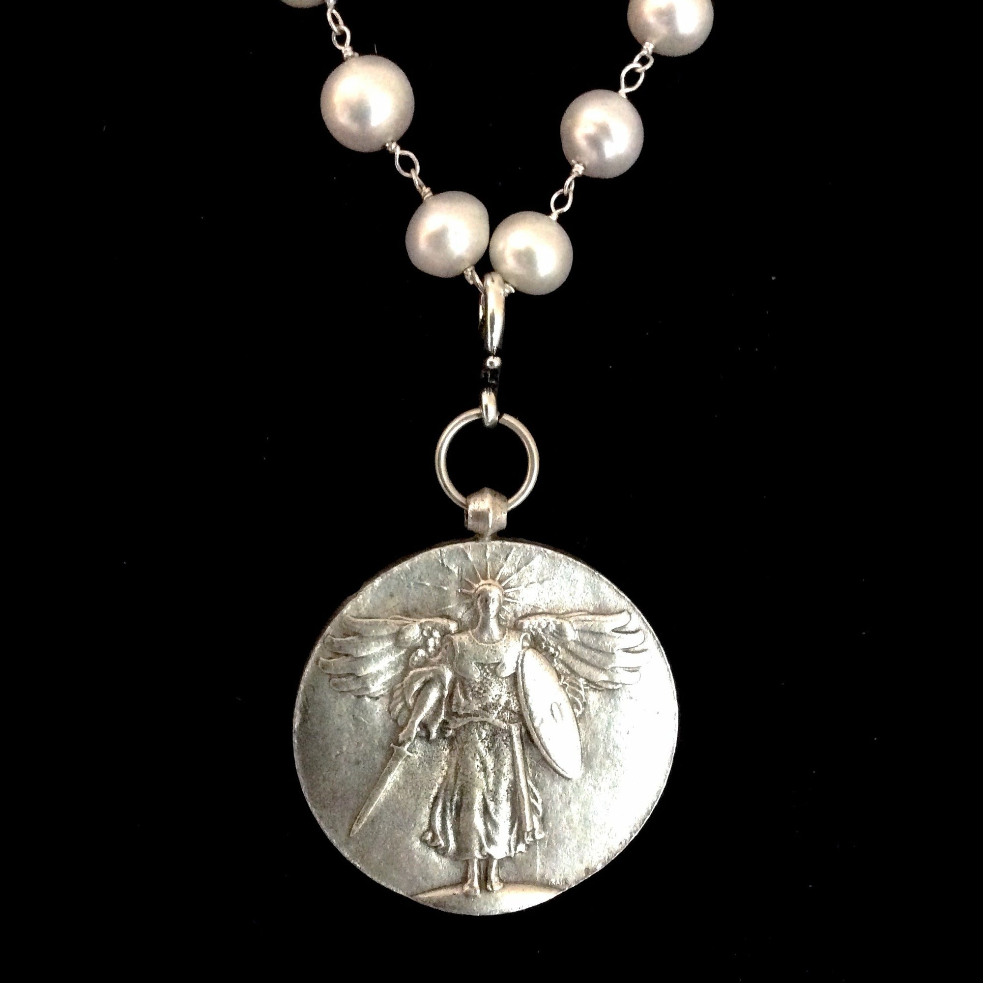 St. Michael Medallion on Freshwater Pearls with Fleur de Lis 34" by Whispering Goddess