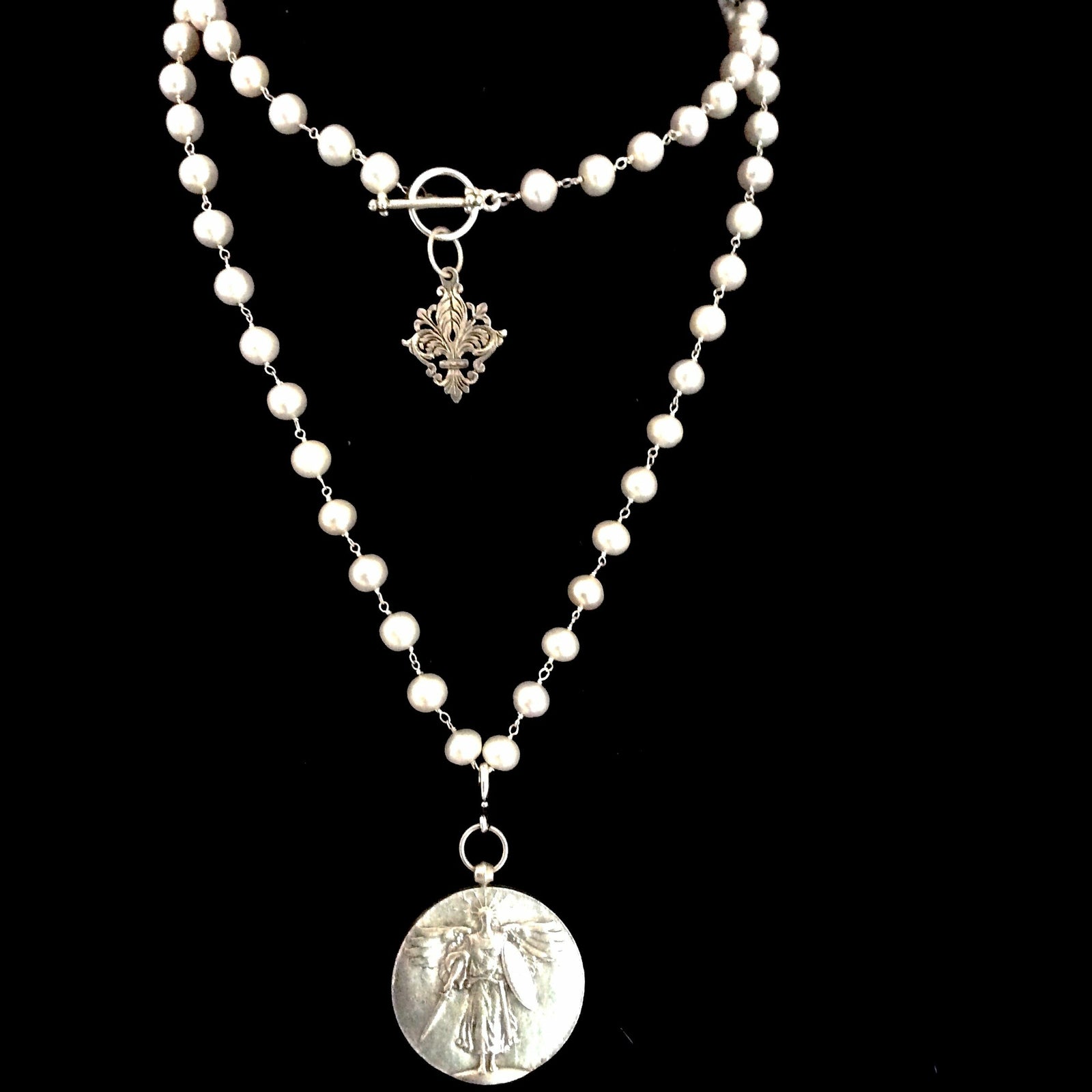 St. Michael Medallion on White Pearls with Fleur de Lis 34" by Whispering Goddess