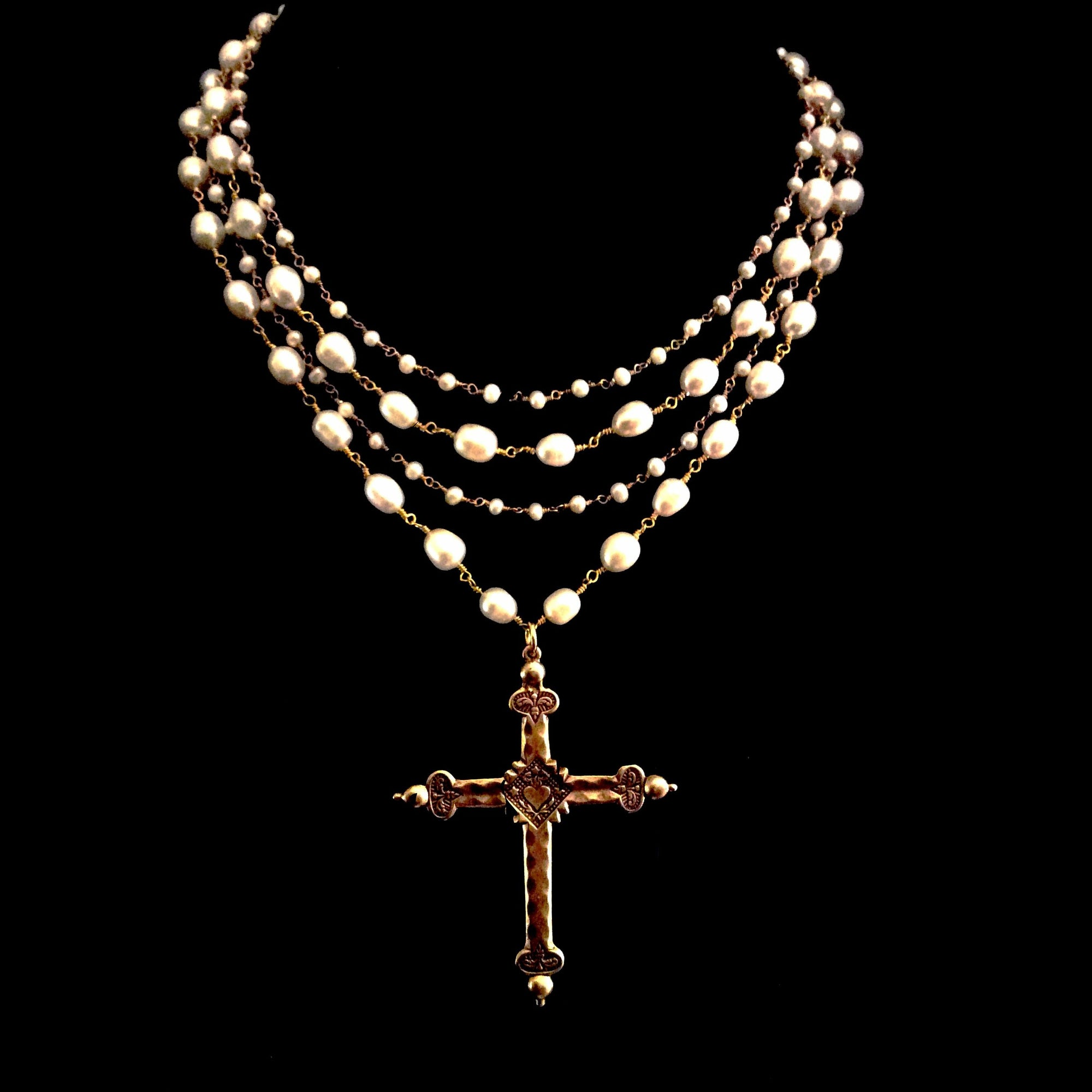 Sophia Freshwater Pearl Sacred Heart Cross Necklace in Gold by Whispering Goddess