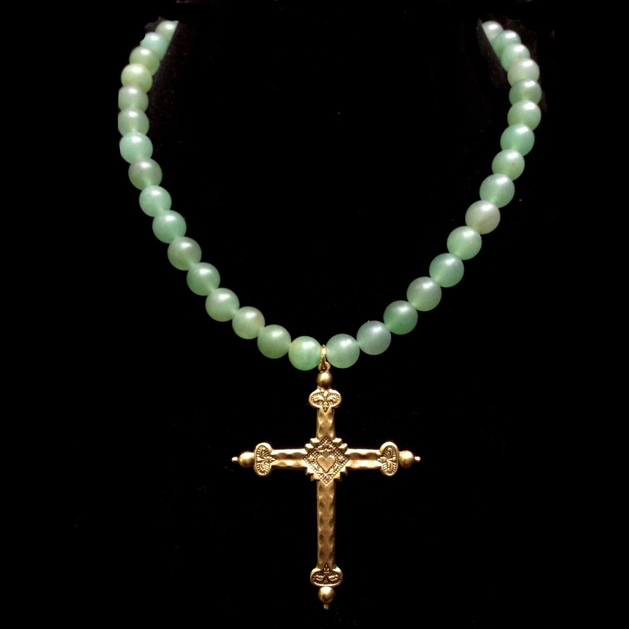 Aventurine Dream Sacred Heart Cross Necklace by Whispering Goddess