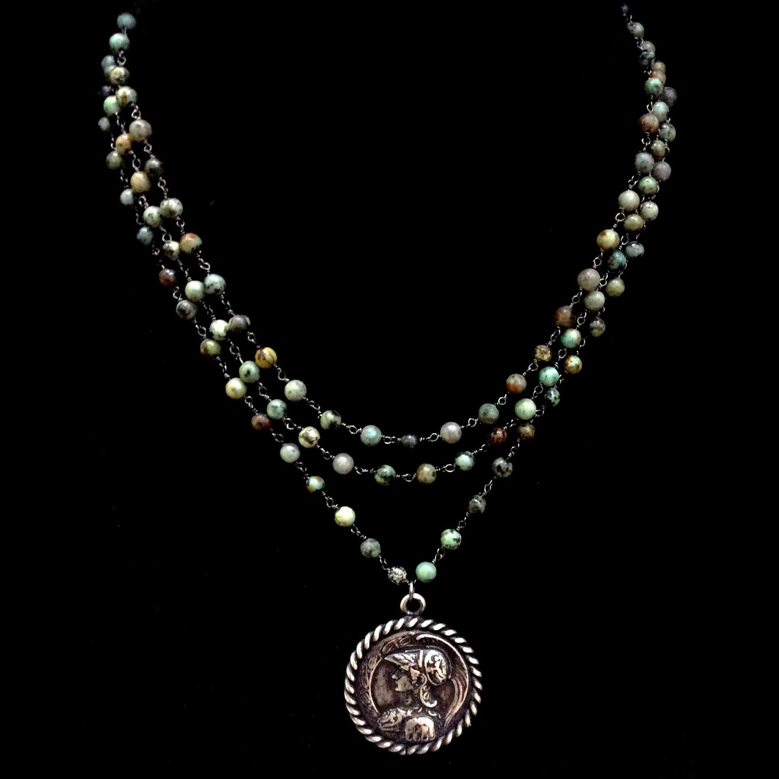 Athena Trinity Necklace in Turquoise & Gunmetal by Whispering Goddess