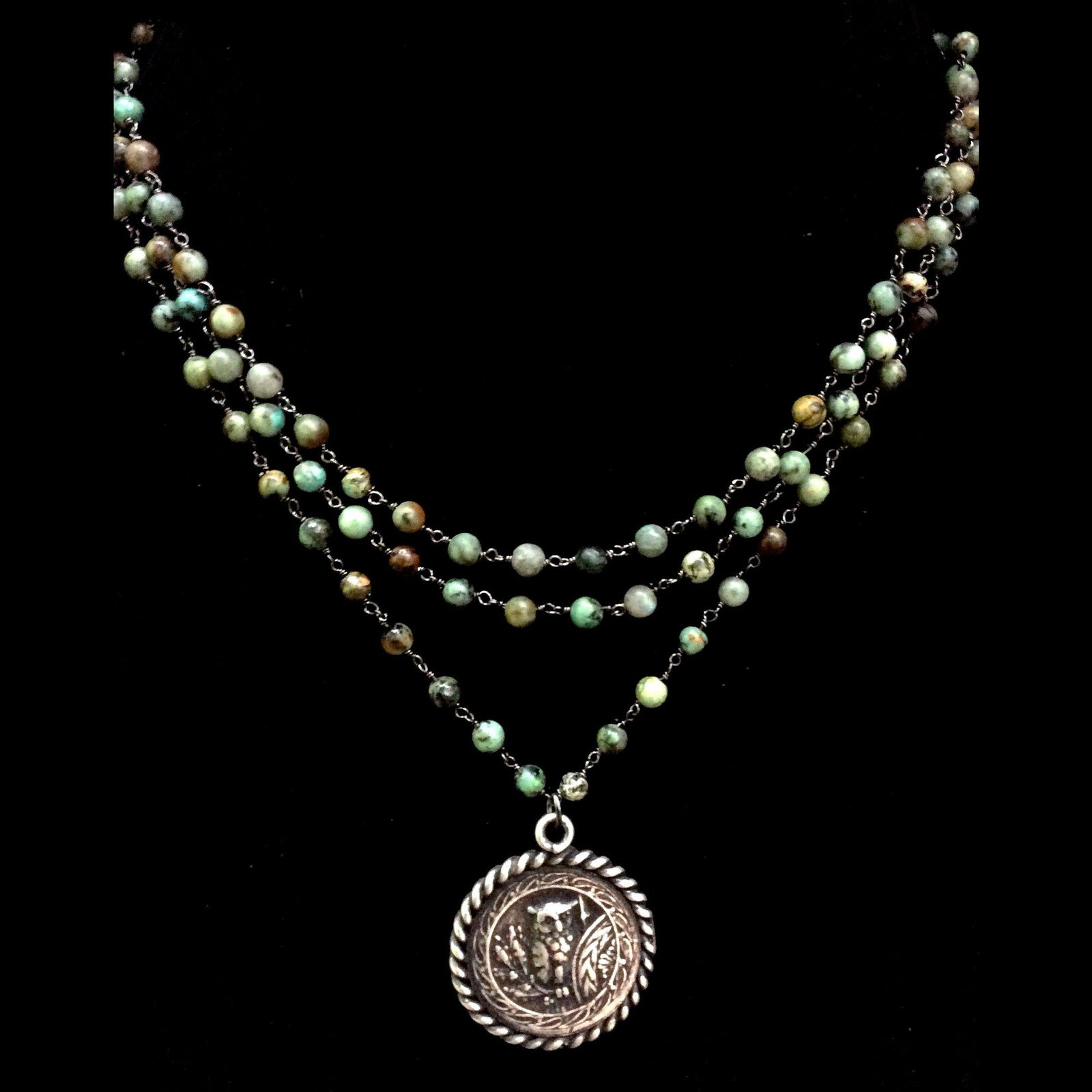 Athena Trinity Necklace in Turquoise & Gunmetal by Whispering Goddess