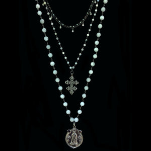 Aquamarine Lacey Lorraine Cross with Madonna Necklace by Whispering Goddess