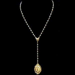 Virgin of the Golden Heart Freshwater Pearl and Gold Y Drop Necklace by Whispering Goddess