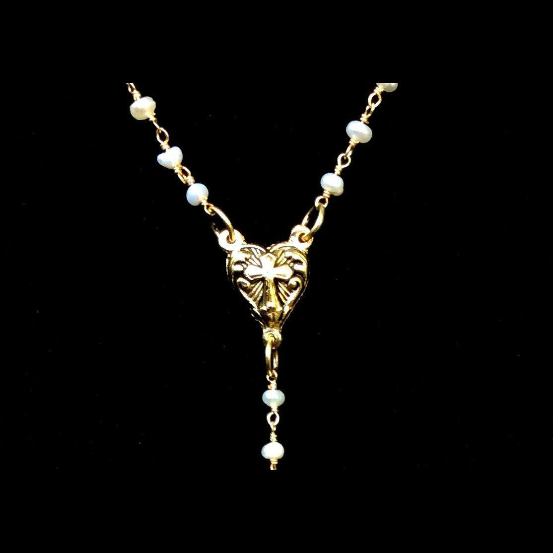 Virgin of the Golden Heart Freshwater Pearl and Gold Y Drop Necklace by Whispering Goddess