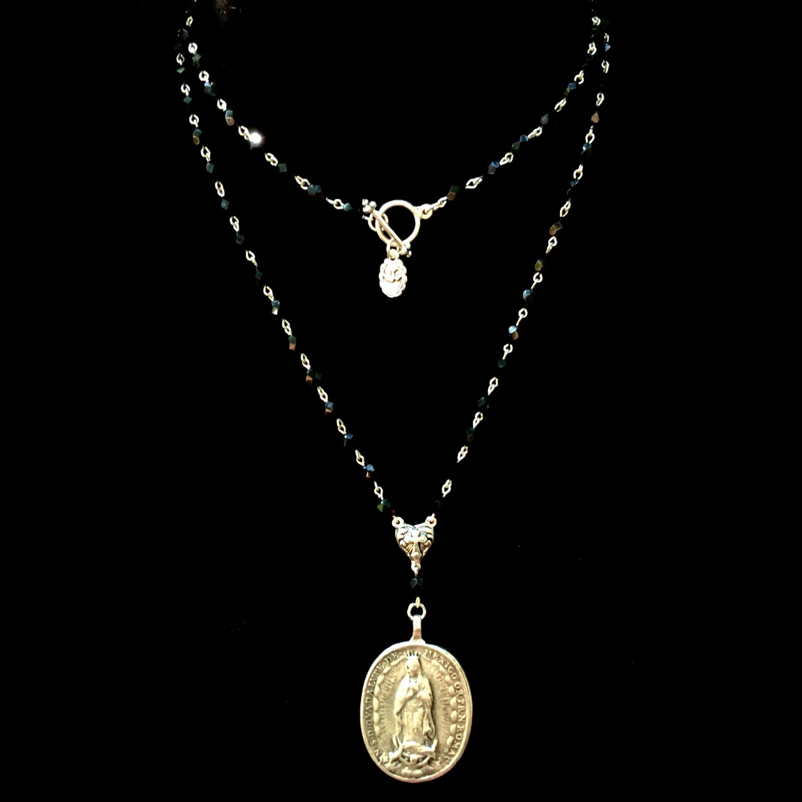 Cristo Rey Necklace with Our Lady of Guadalupe & Saint Michael Black Jet