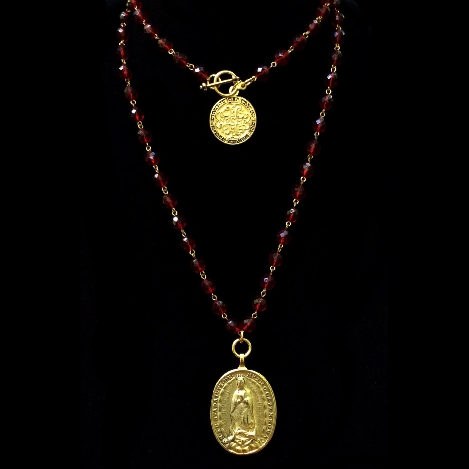 Cristo Rey Necklace with Our Lady of Guadalupe & Saint Michael in Garnet & Gold