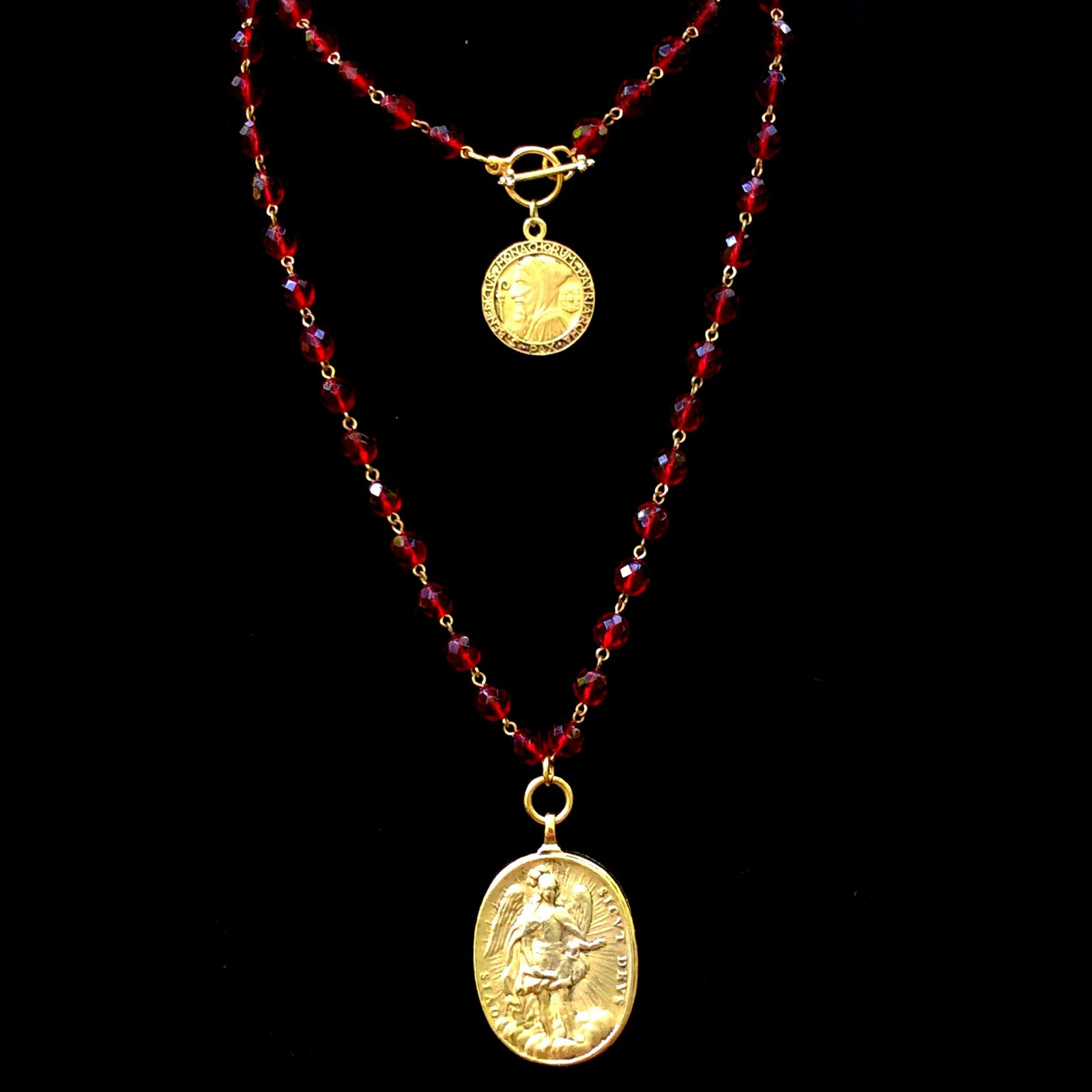 Cristo Rey Necklace with Our Lady of Guadalupe & Saint Michael in Garnet & Gold