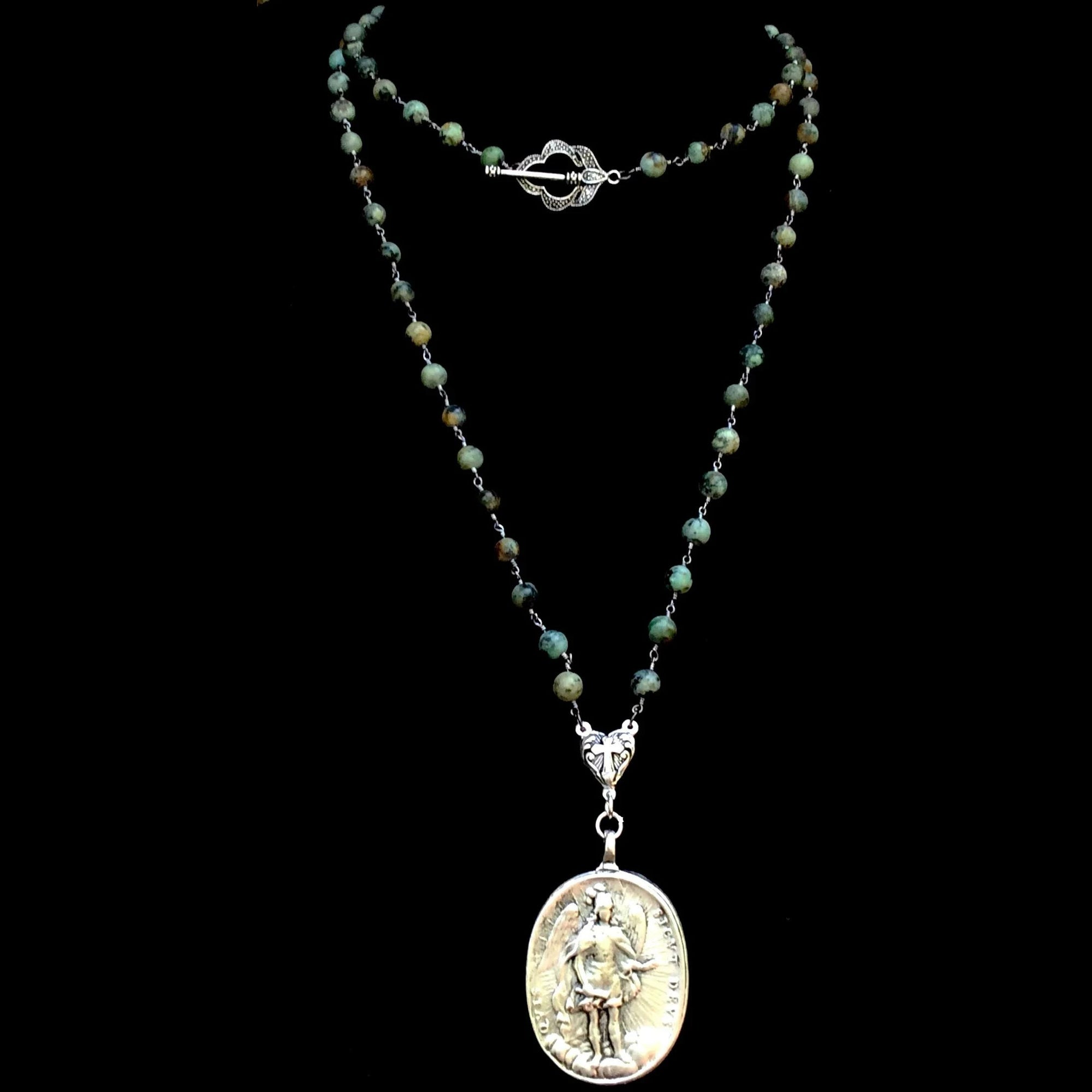 Cristo Rey Rosary Necklace with Saint Michael in African Turquoise