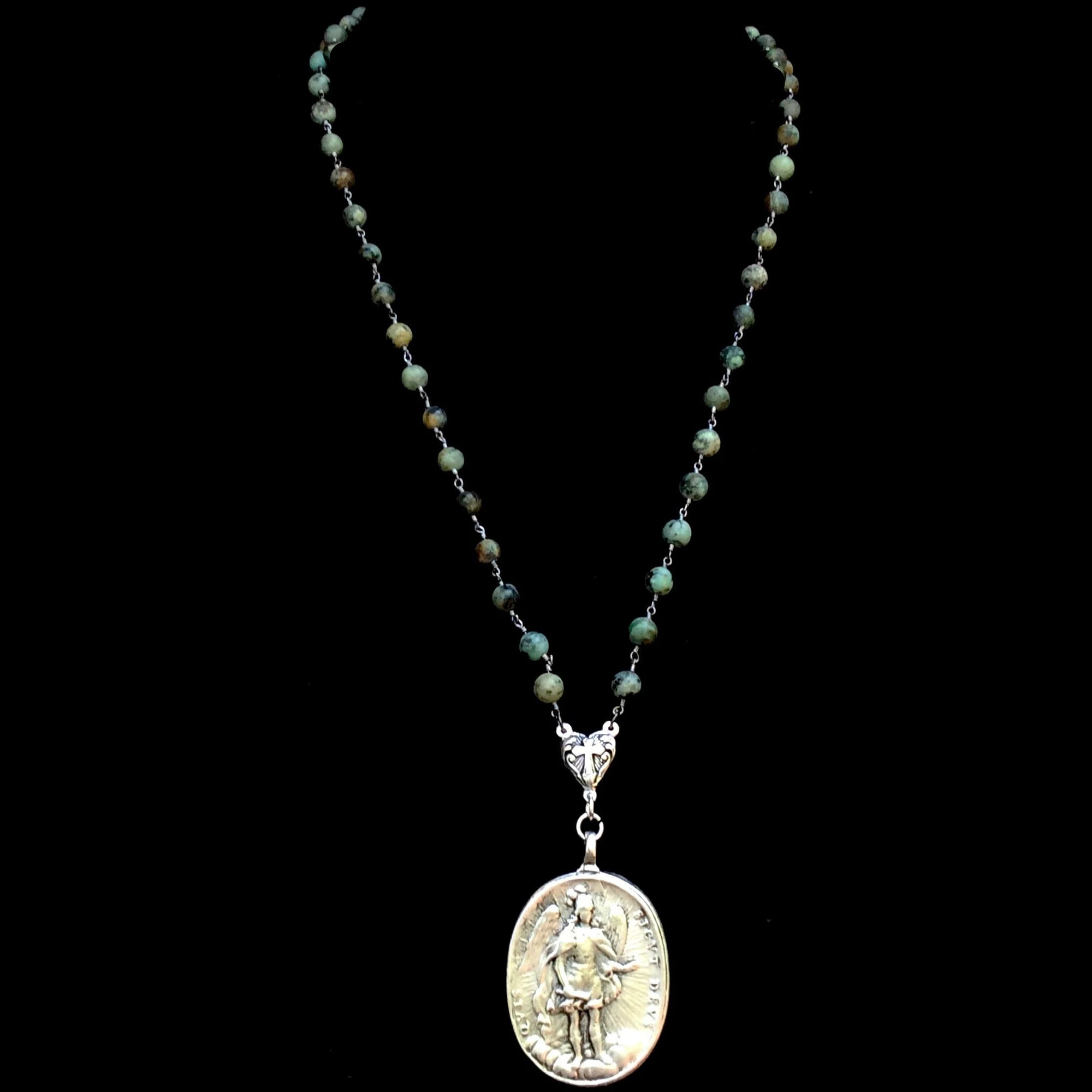 Cristo Rey Rosary Necklace with Saint Michael in African Turquoise