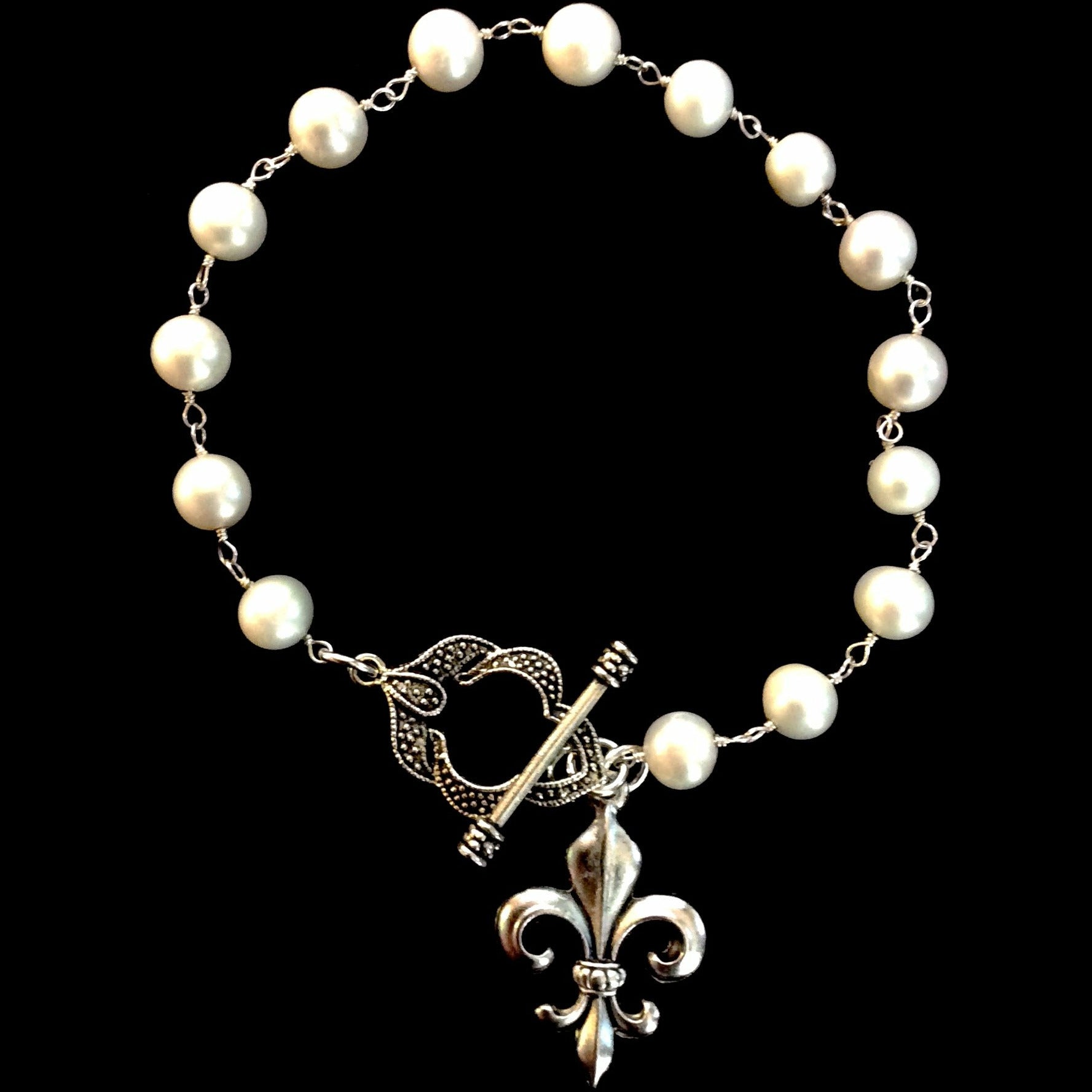 Whispering Goddess Freshwater Pearl Fleur de Lis Bracelet Silver