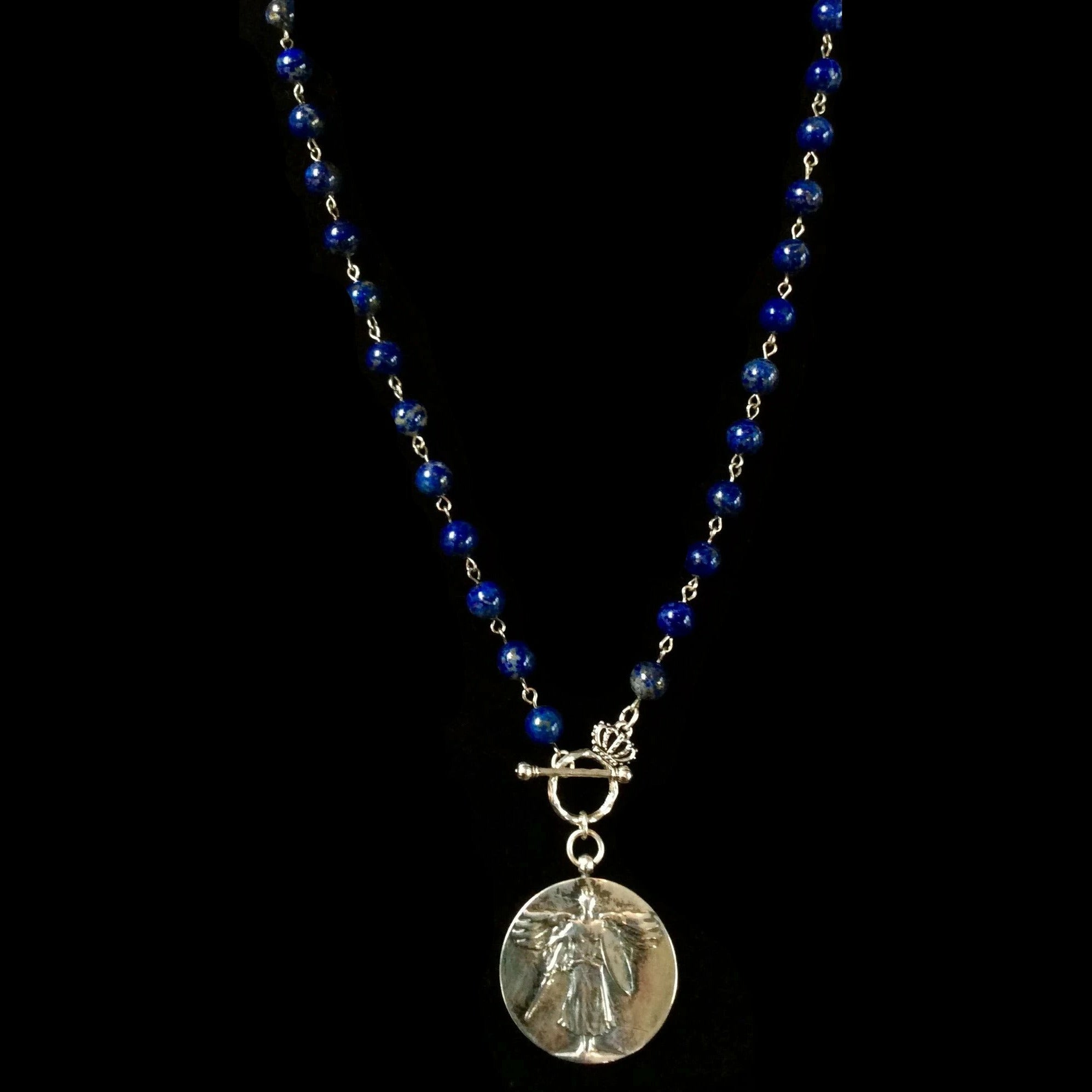 Sterling Sliver St. Michael Medallion in Lapis Lazuli with Toggle Front Necklace