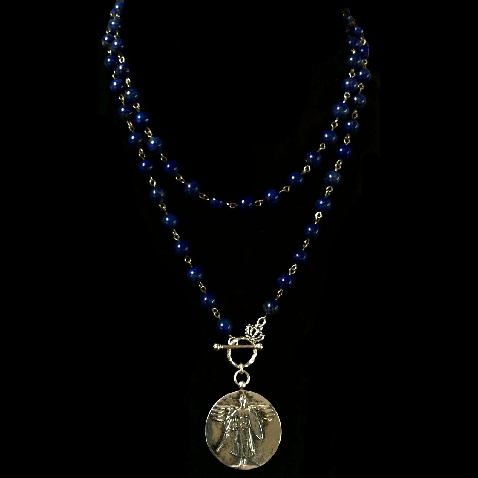 Sterling Sliver St. Michael Medallion in Lapis Lazuli with Toggle Front Necklace