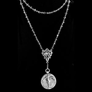 Sterling Silver & Swarovski Peace Angel  Necklace with Bicone Black Diamond Crystals