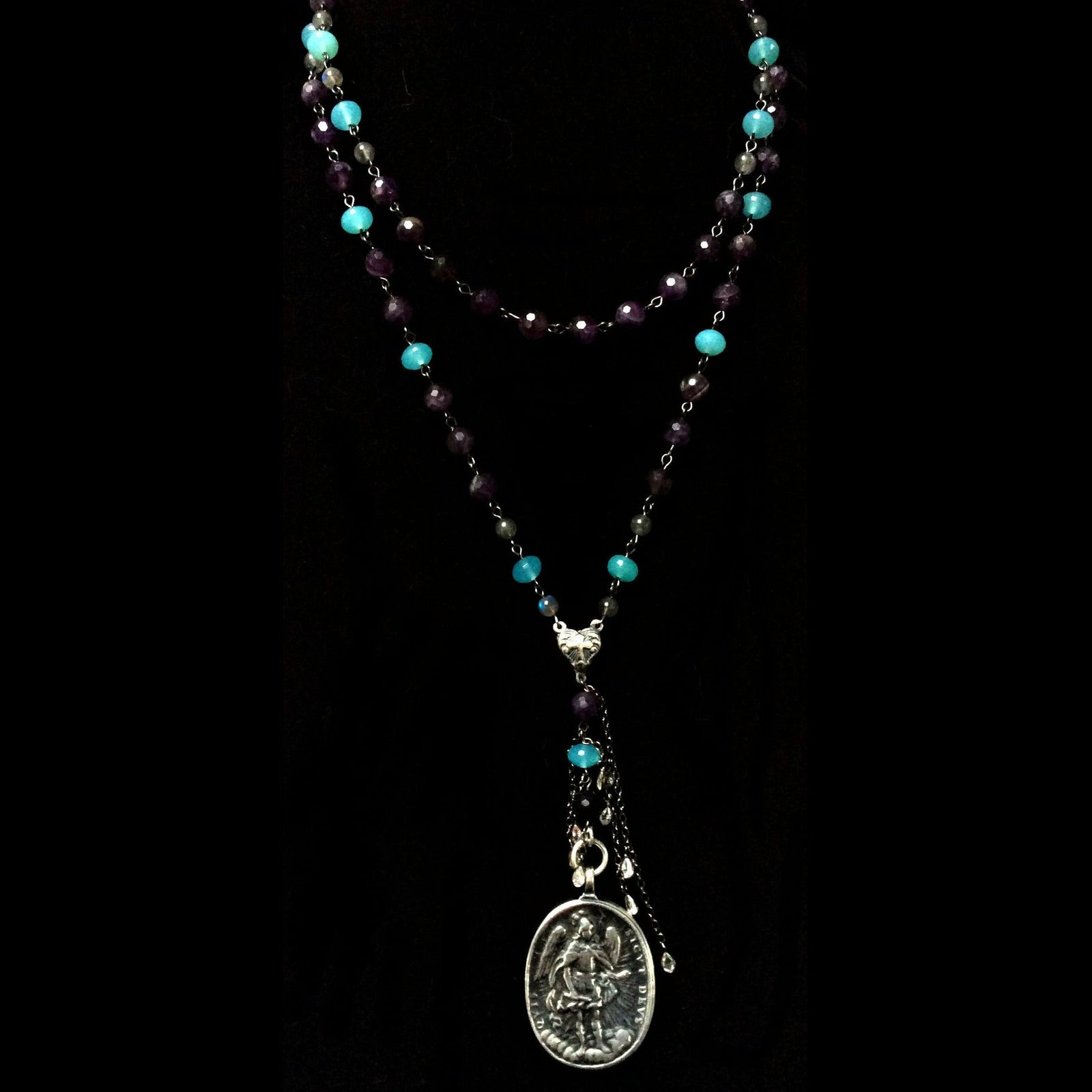 Sterling Silver Cristo Rey Rosary Necklace with Guadalupe & Saint Michael Amethyst & Chrysoprase