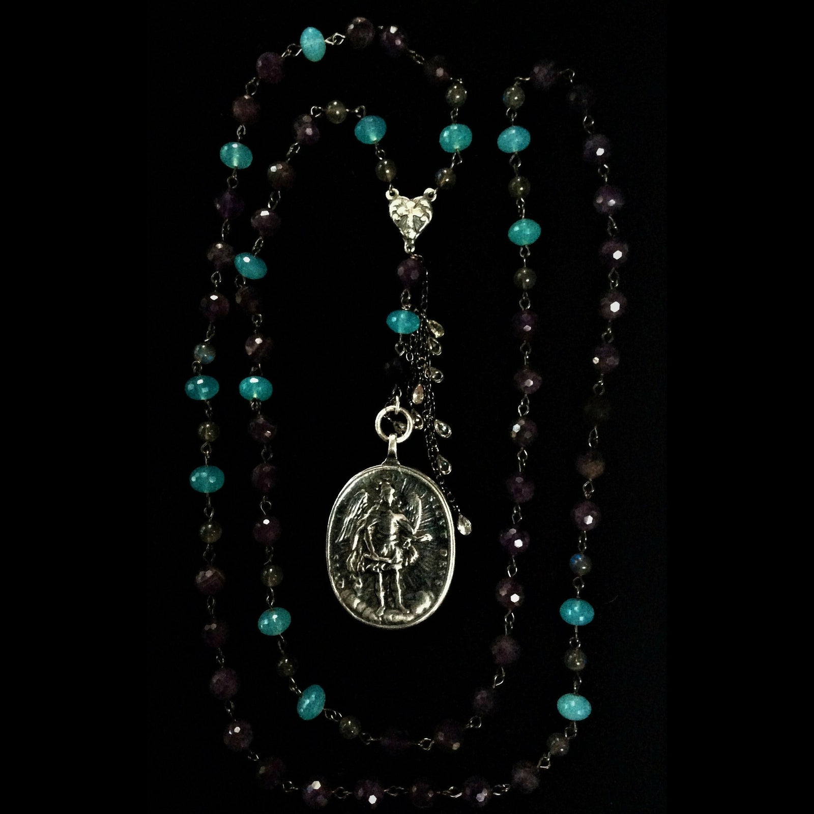 Sterling Silver Cristo Rey Rosary Necklace with Guadalupe & Saint Michael Amethyst & Chrysoprase