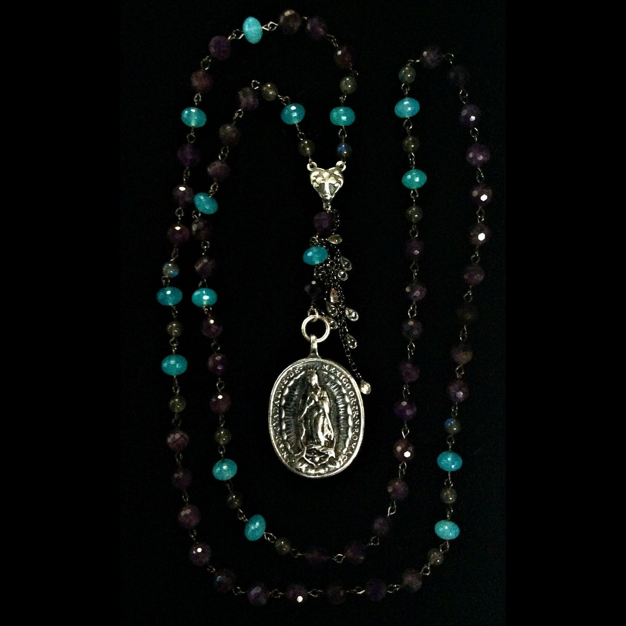 Sterling Silver Cristo Rey Rosary Necklace with Guadalupe & Saint Michael Amethyst & Chrysoprase