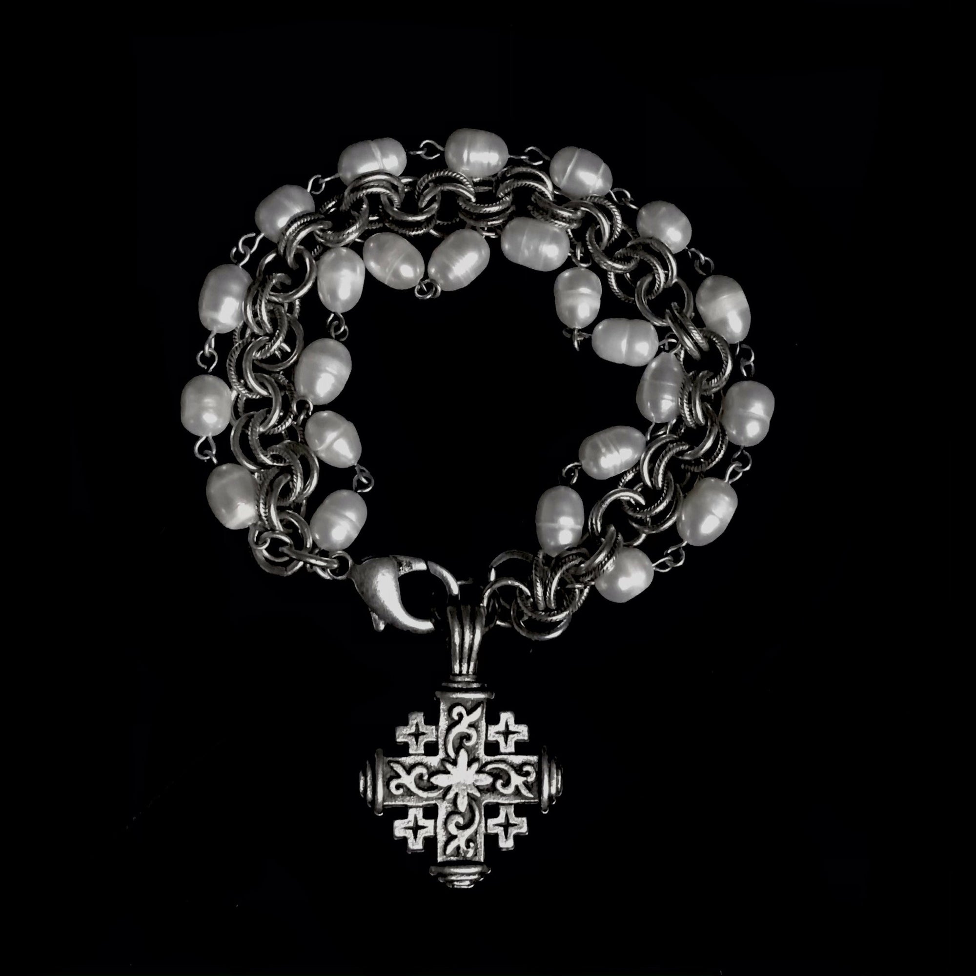 Pilgrim's Cross  Double Cable & Freshwater Pearl Bracelet in  Silver