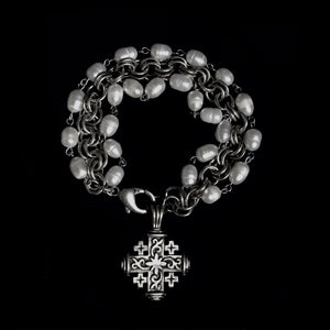 Pilgrim's Cross  Double Cable & Freshwater Pearl Bracelet in  Silver