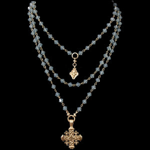Triple Strand Pilgrim's Cross in Pacific Opal & Gold Necklace by Whispering Goddess