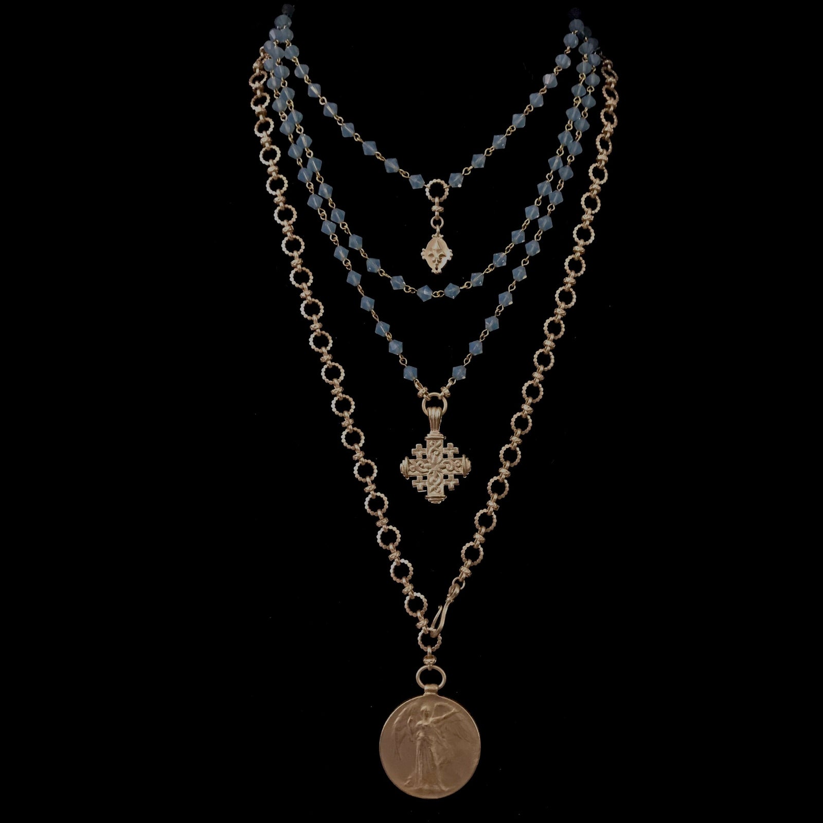 Triple Strand Pilgrim's Cross in Pacific Opal & Gold Necklace by Whispering Goddess