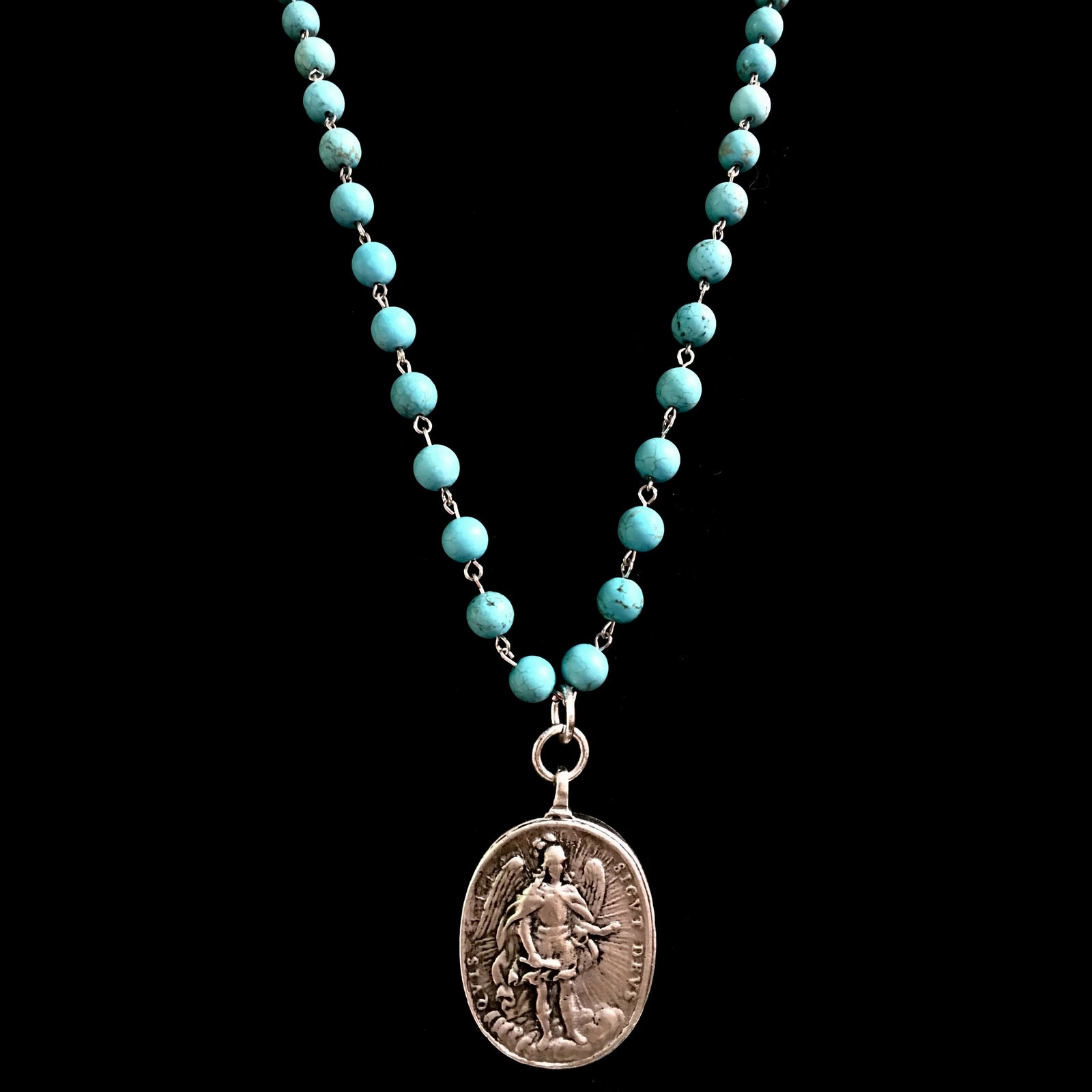Cristo Rey Turquoise Necklace with Saint Michael & Guadalupe in Silver